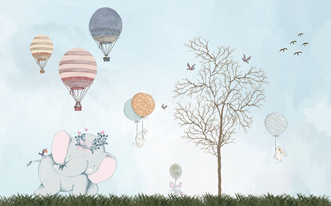 Soft Blue Whimsical Hot Air Balloon Kids Wall Mural pattern artwork