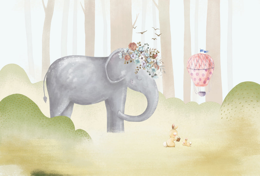 Cream Pastel Elephant and Balloon Kids Wall Mural pattern artwork