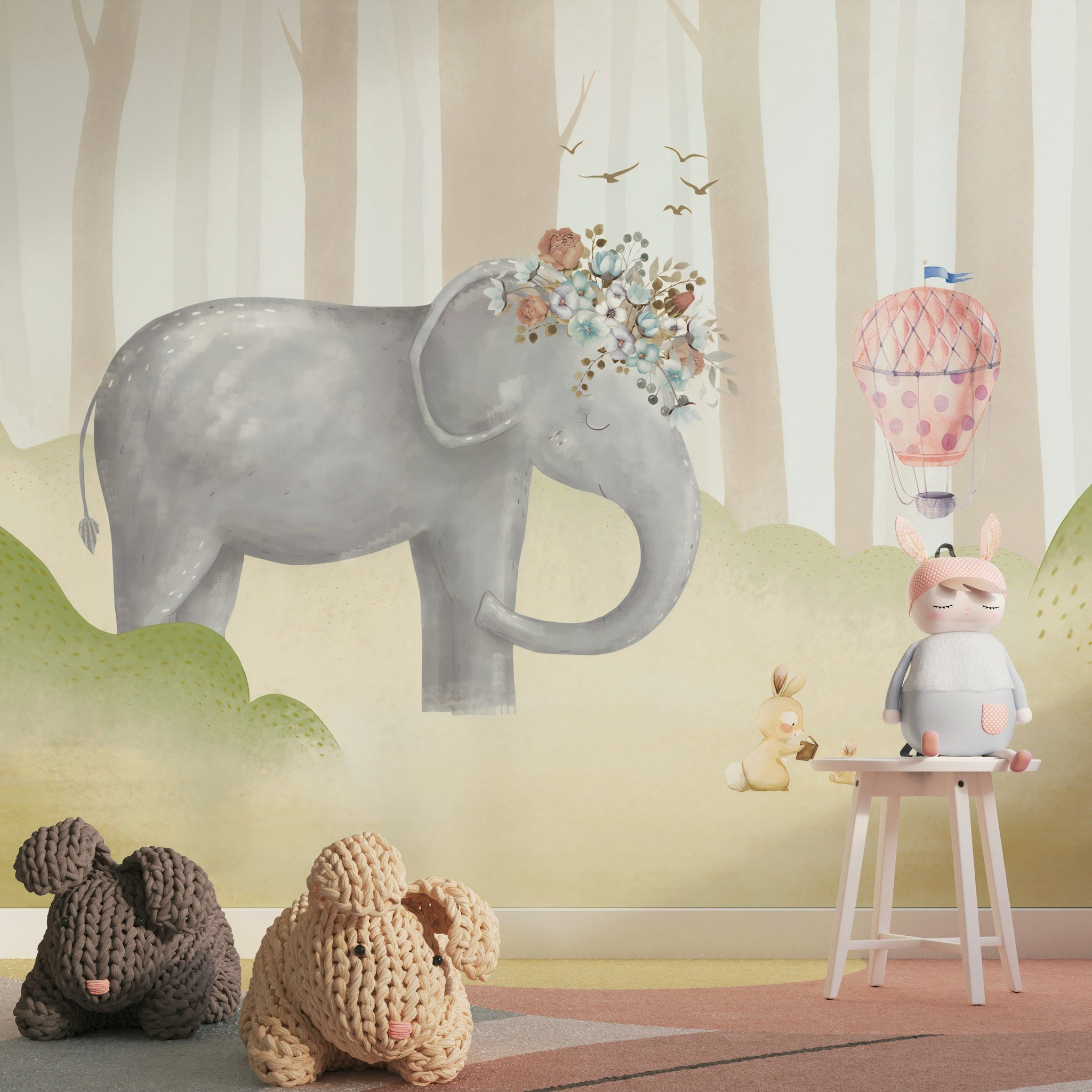 Cream Pastel Elephant and Balloon Kids Wall Mural