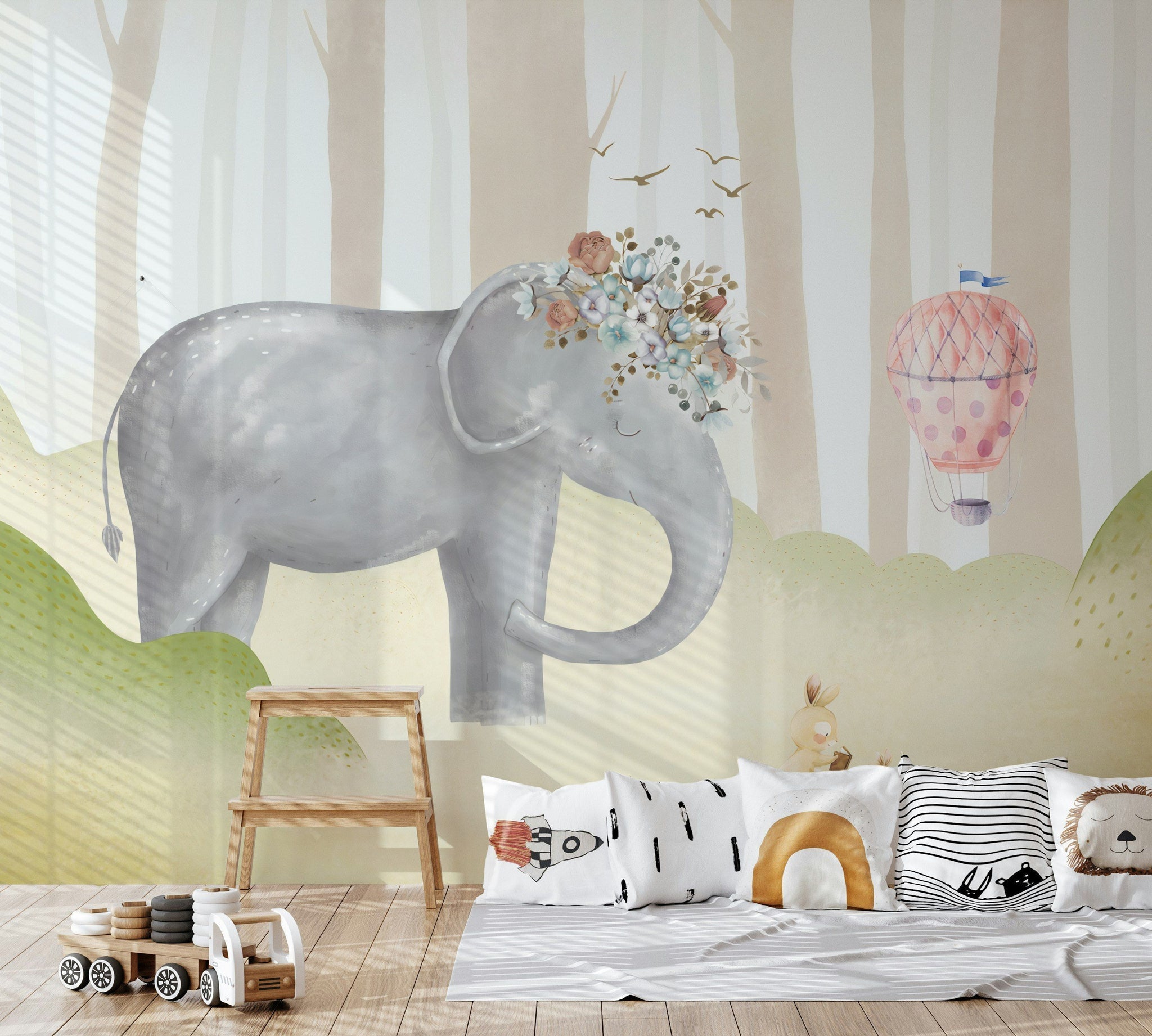 Cream Pastel Elephant and Balloon Kids Wall Mural