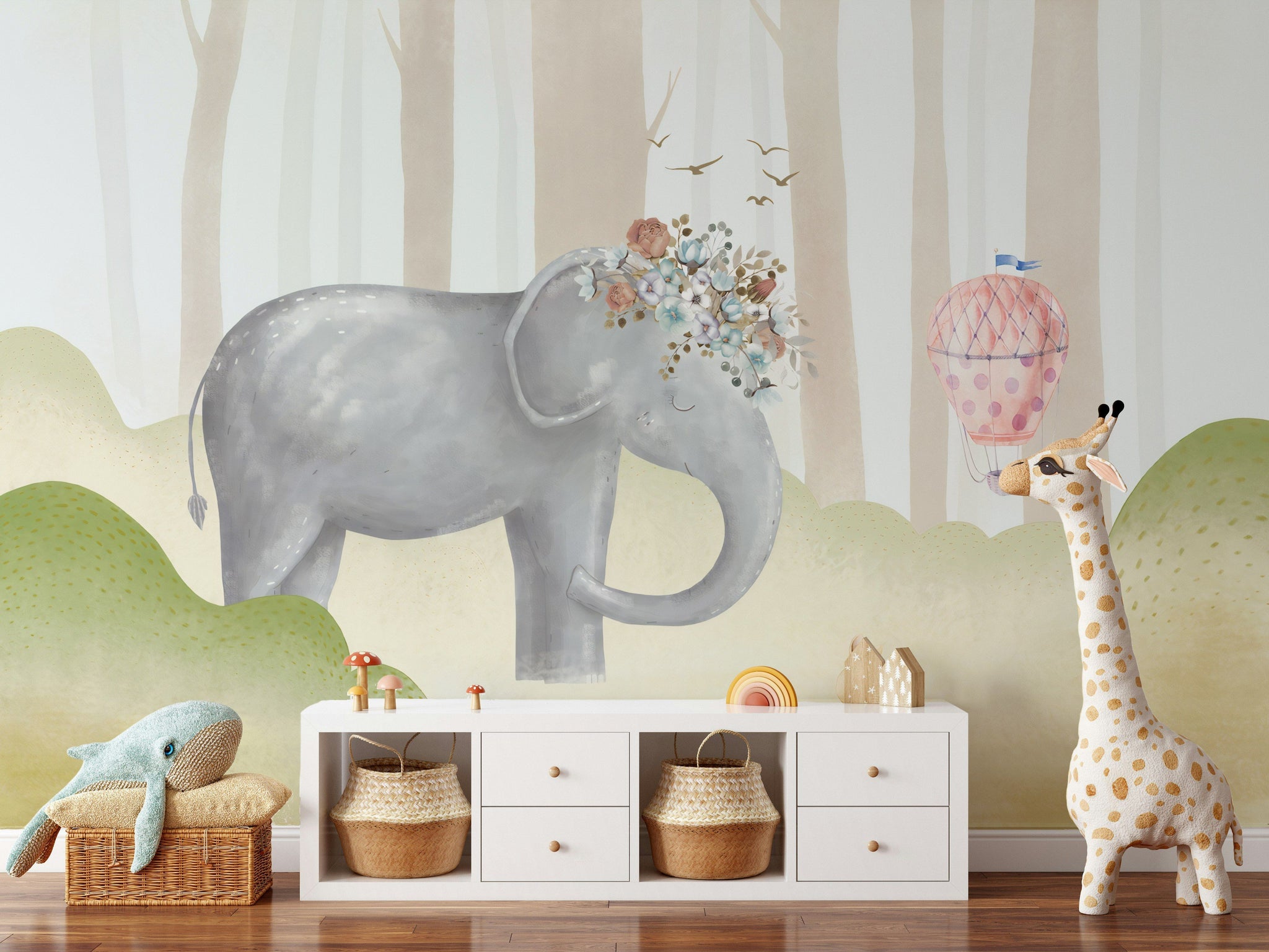 Cream Pastel Elephant and Balloon Kids Wall Mural