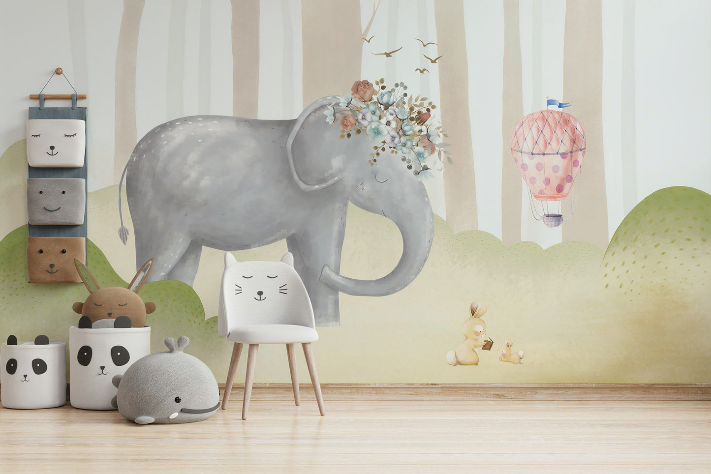 Elephant Wallpaper Bunny Hot Air Balloon Forest Wall Mural