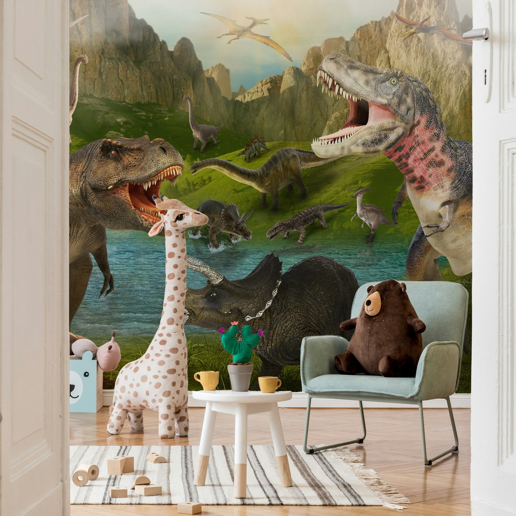 Vibrant Green Dinosaur Jungle Wall Mural