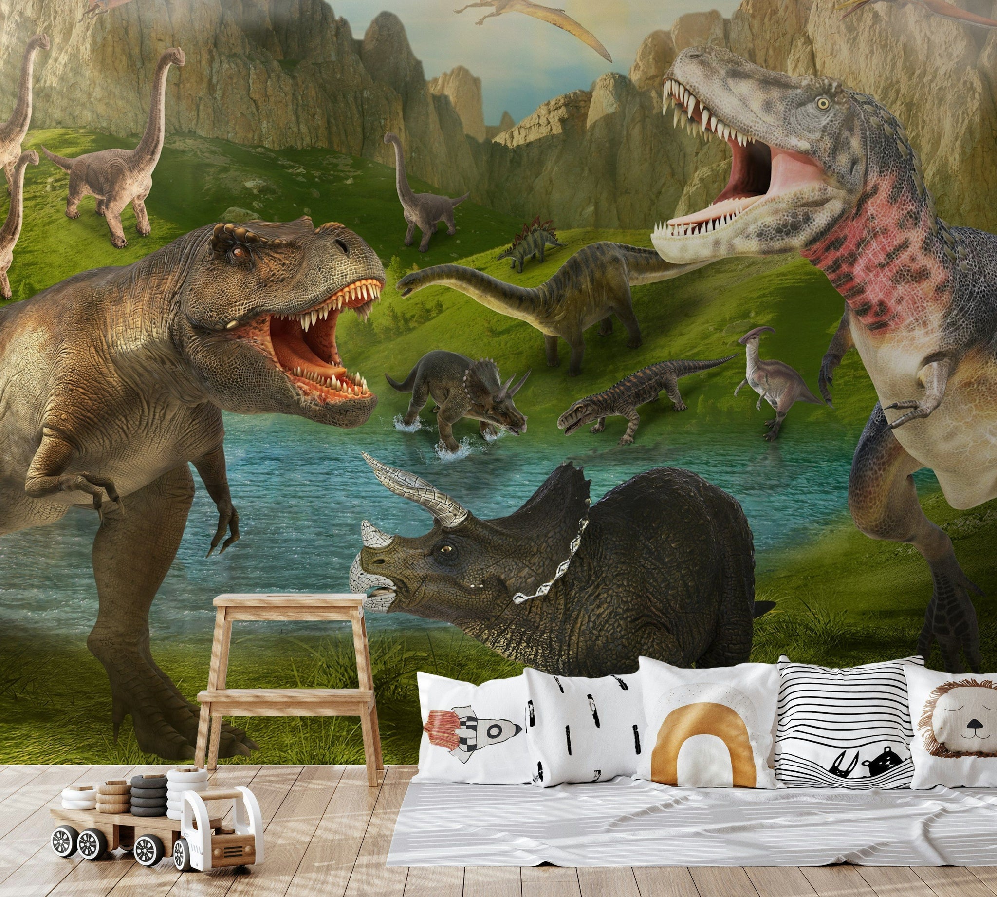 Vibrant Green Dinosaur Jungle Wall Mural