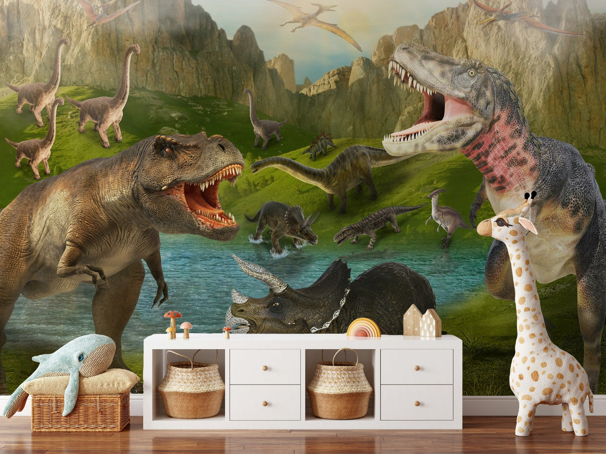Vibrant Green Dinosaur Jungle Wall Mural