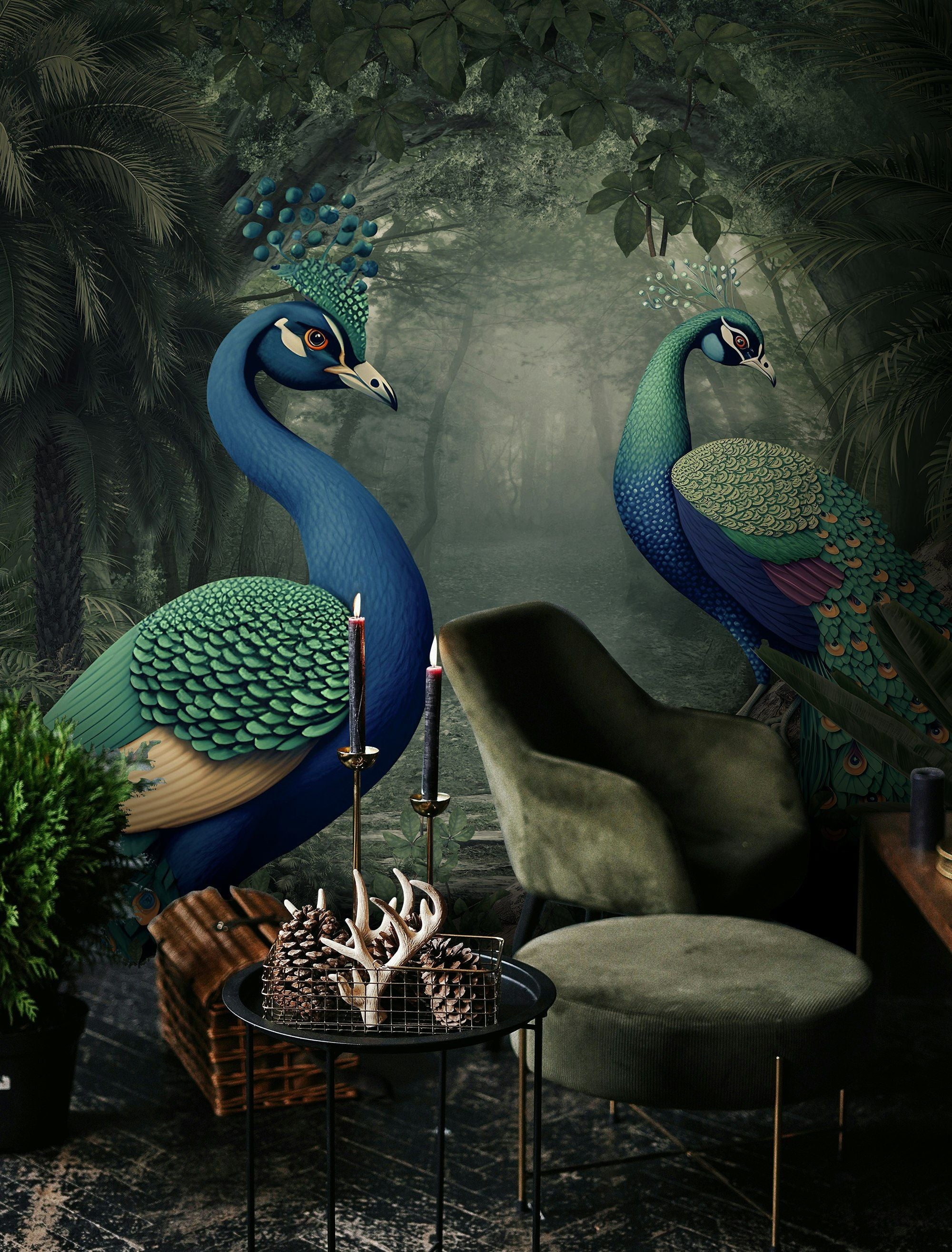 Colorful Peacock and Jungle Scene Wallpaper Mural