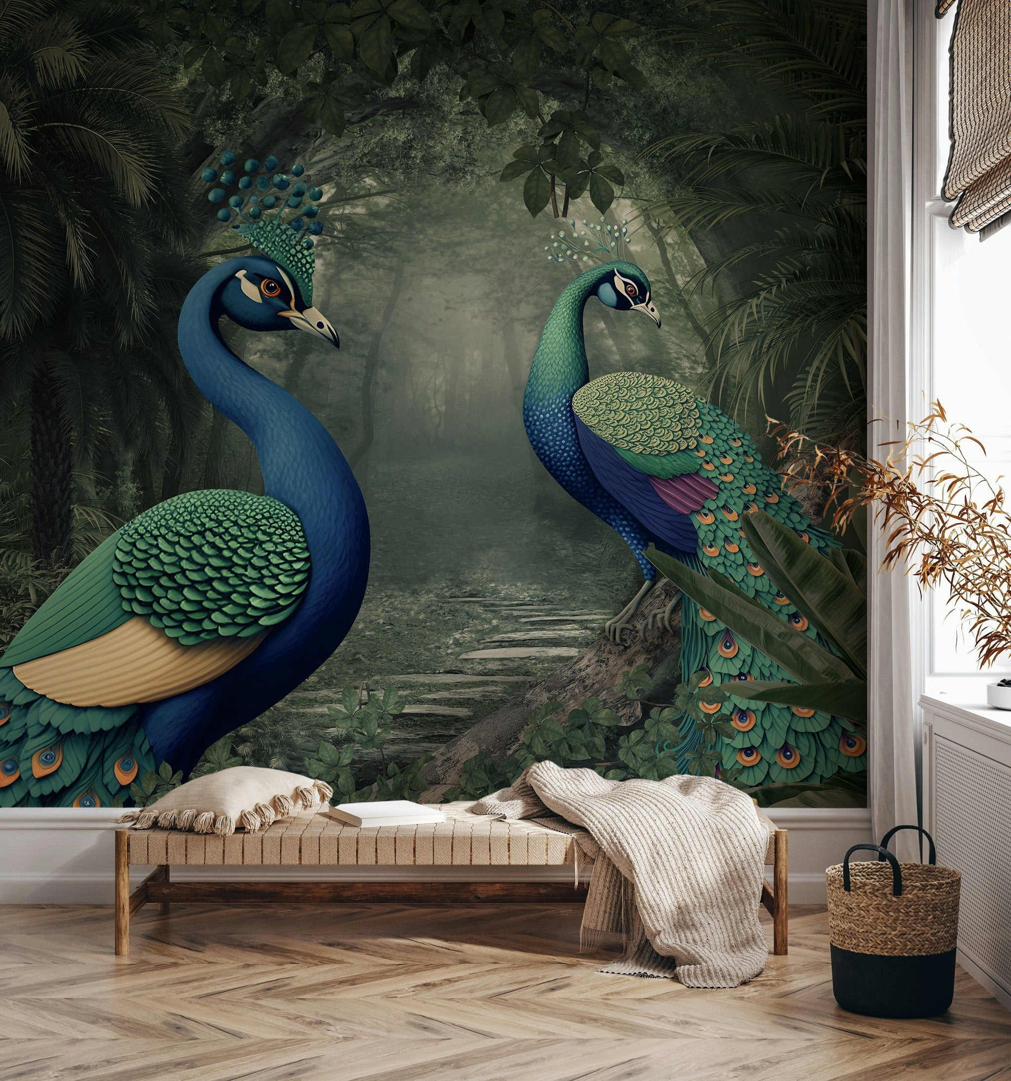 Colorful Peacock and Jungle Scene Wallpaper Mural