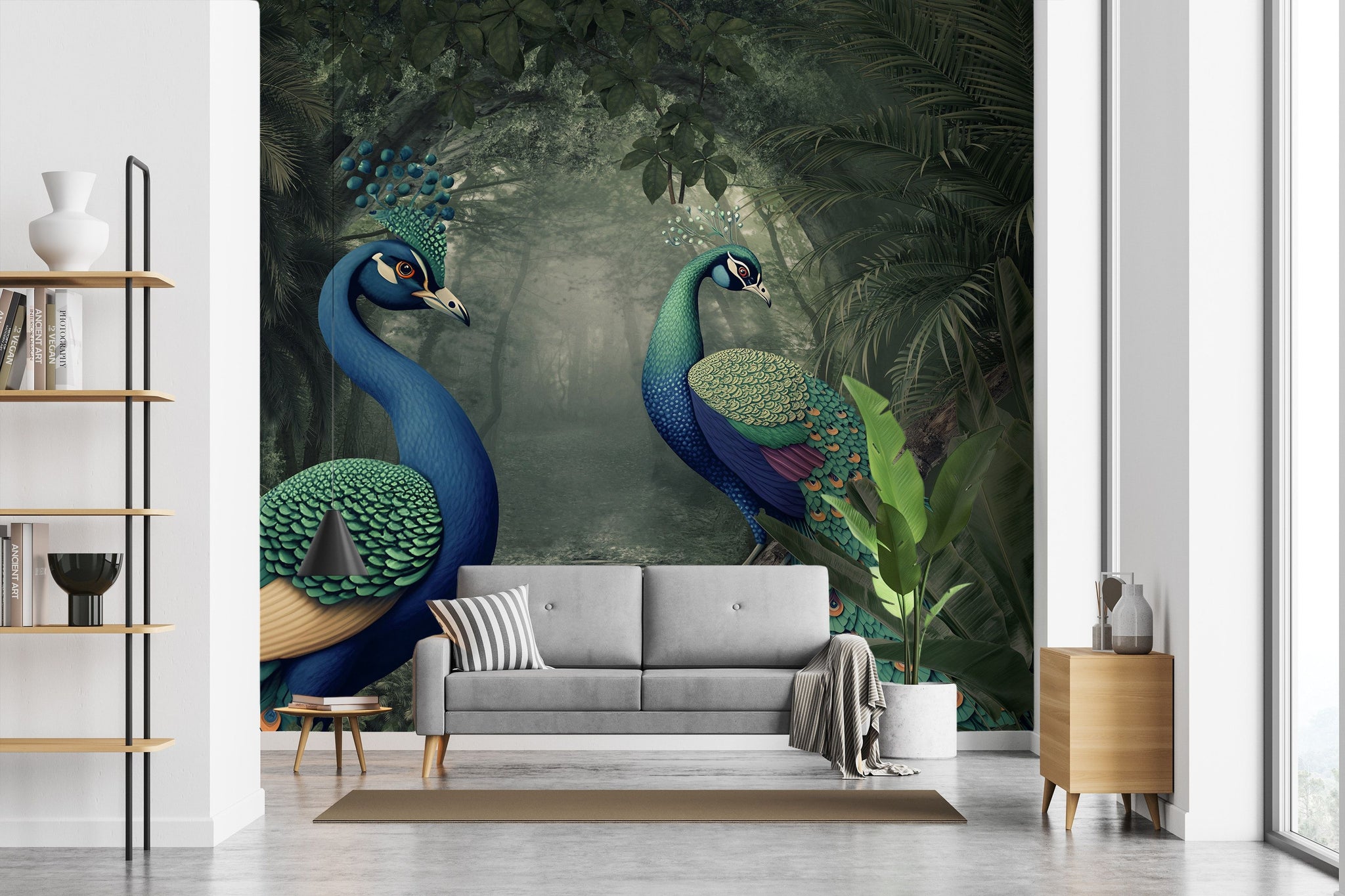 Colorful Peacock and Jungle Scene Wallpaper Mural