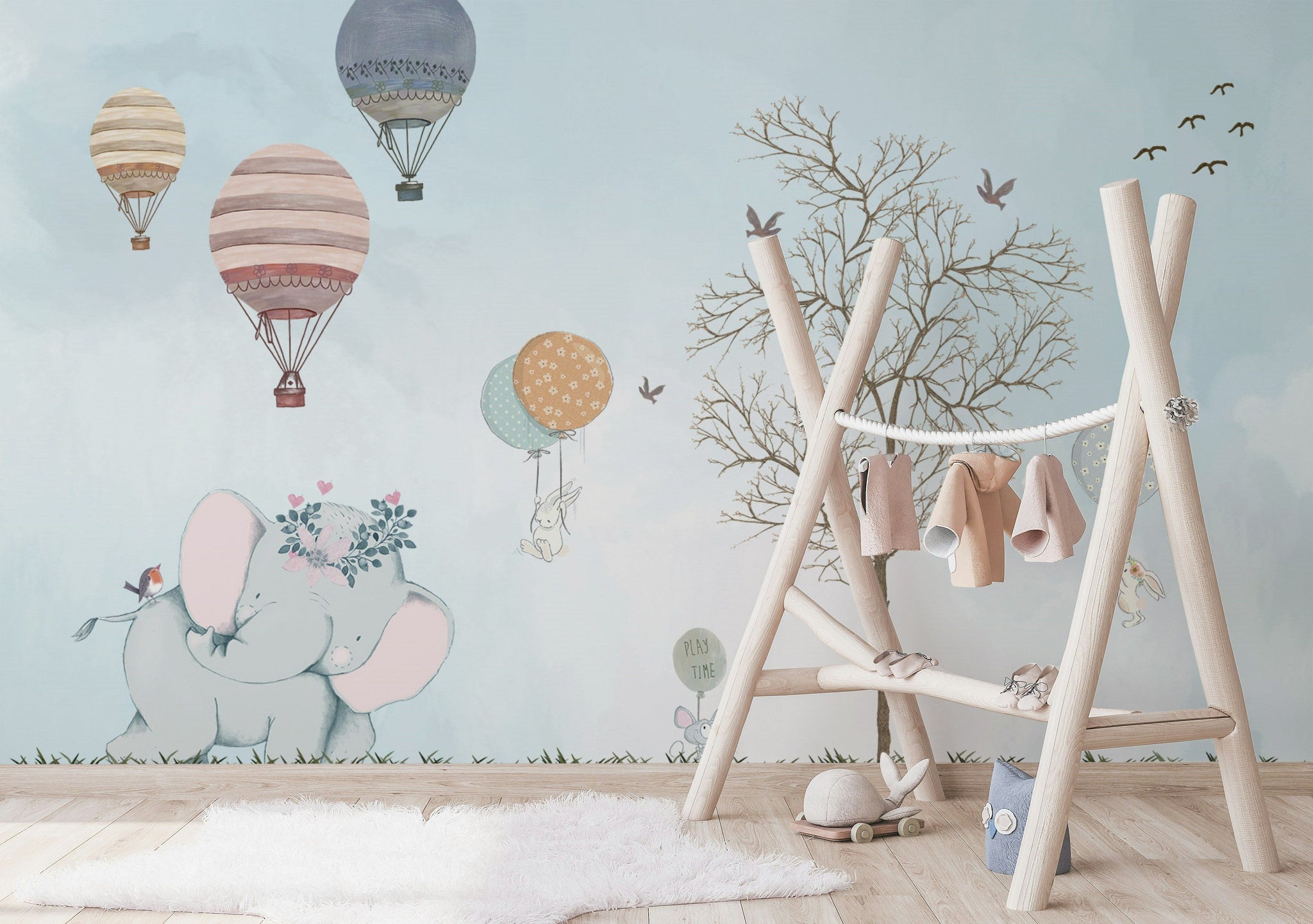 Soft Blue Whimsical Hot Air Balloon Kids Wall Mural