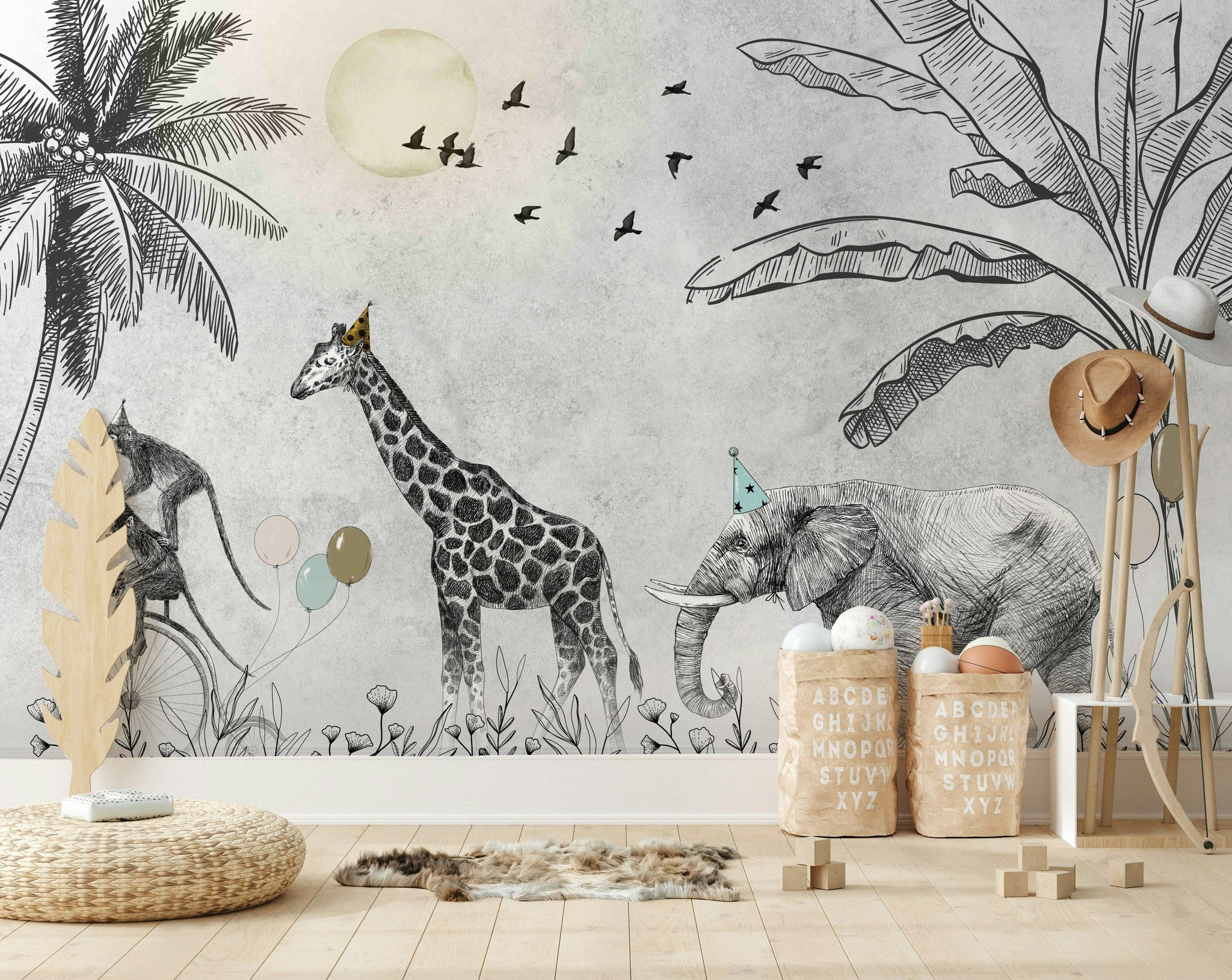 Safari Animals Sketch Wallpaper Jungle Wall Mural