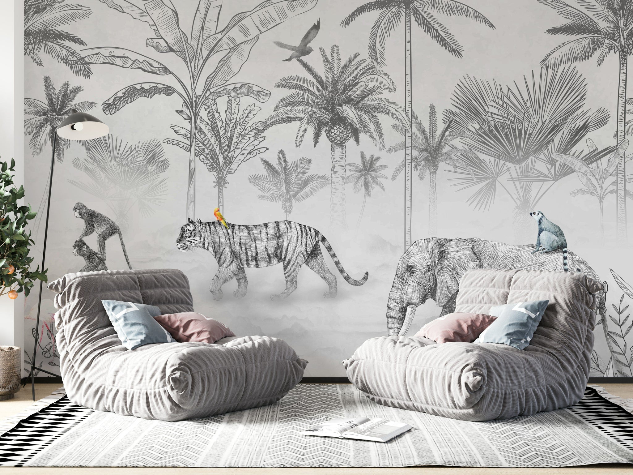 Exotic Jungle Animals Monochrome Wall Mural