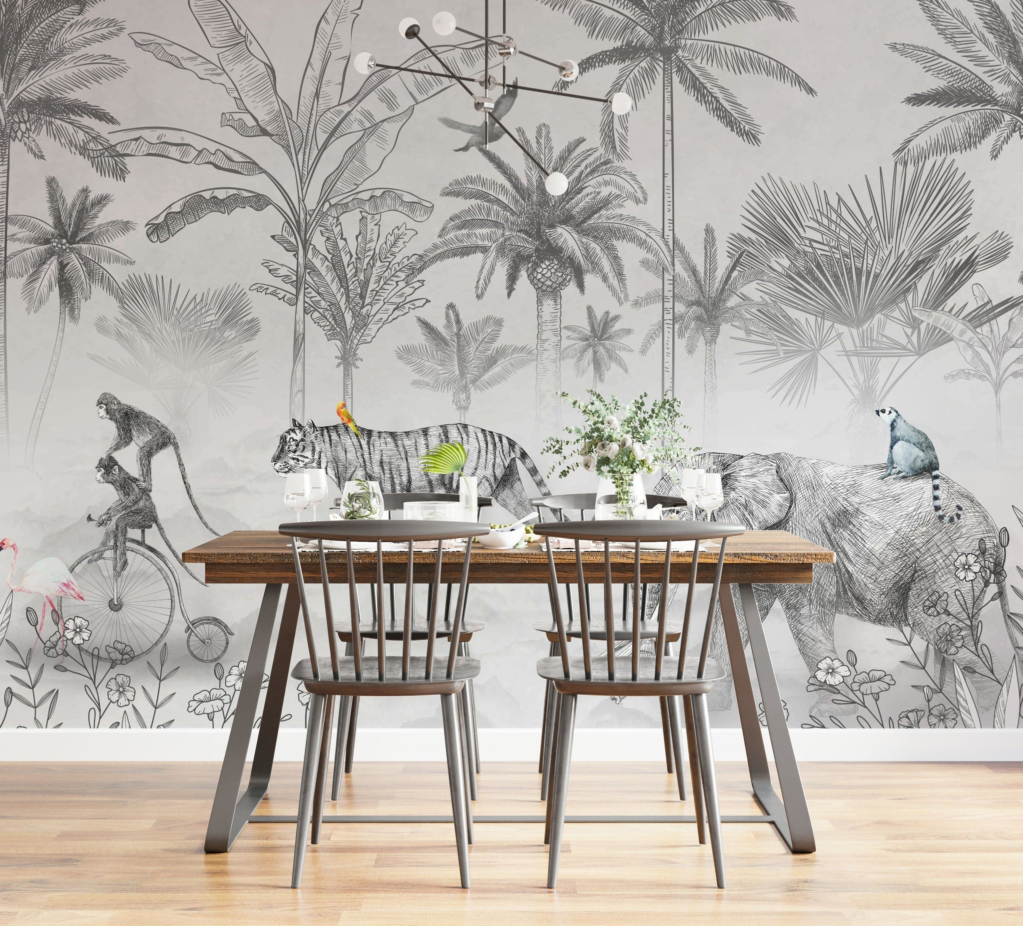 Exotic Jungle Animals Monochrome Wall Mural