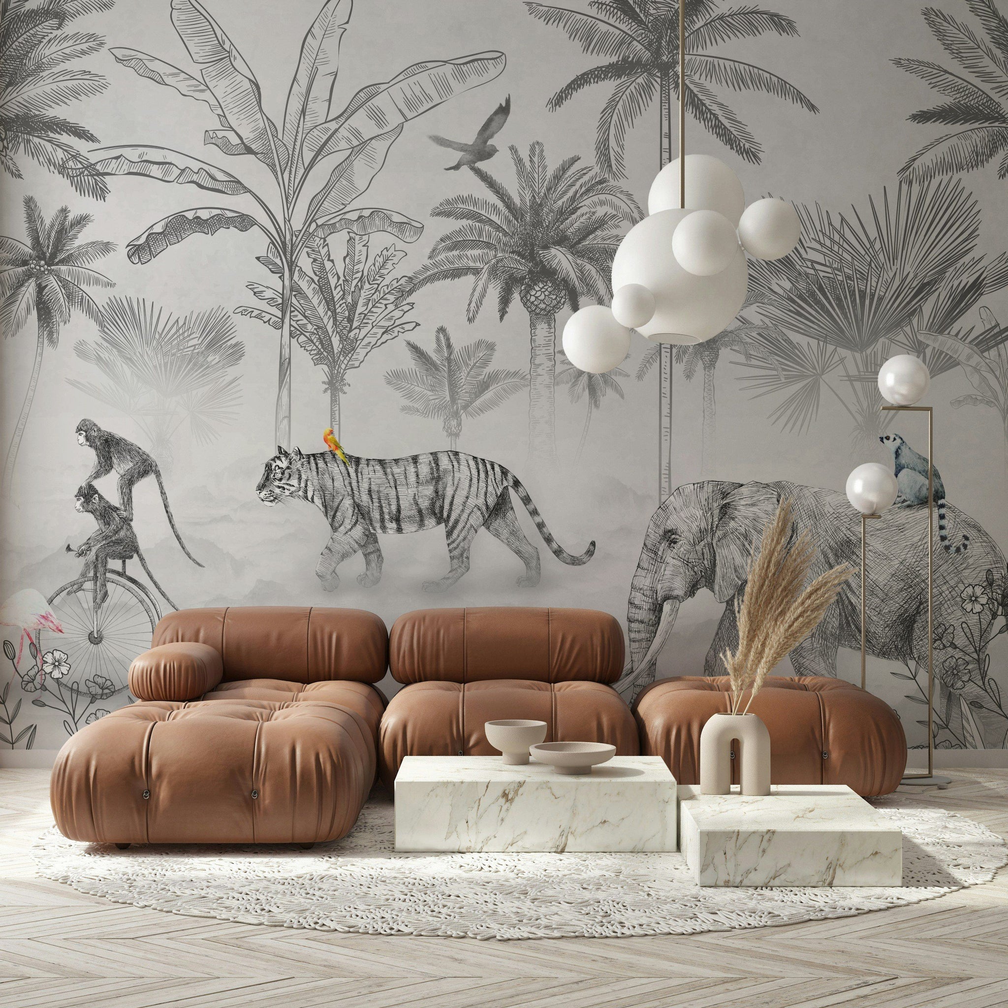 Exotic Jungle Animals Monochrome Wall Mural