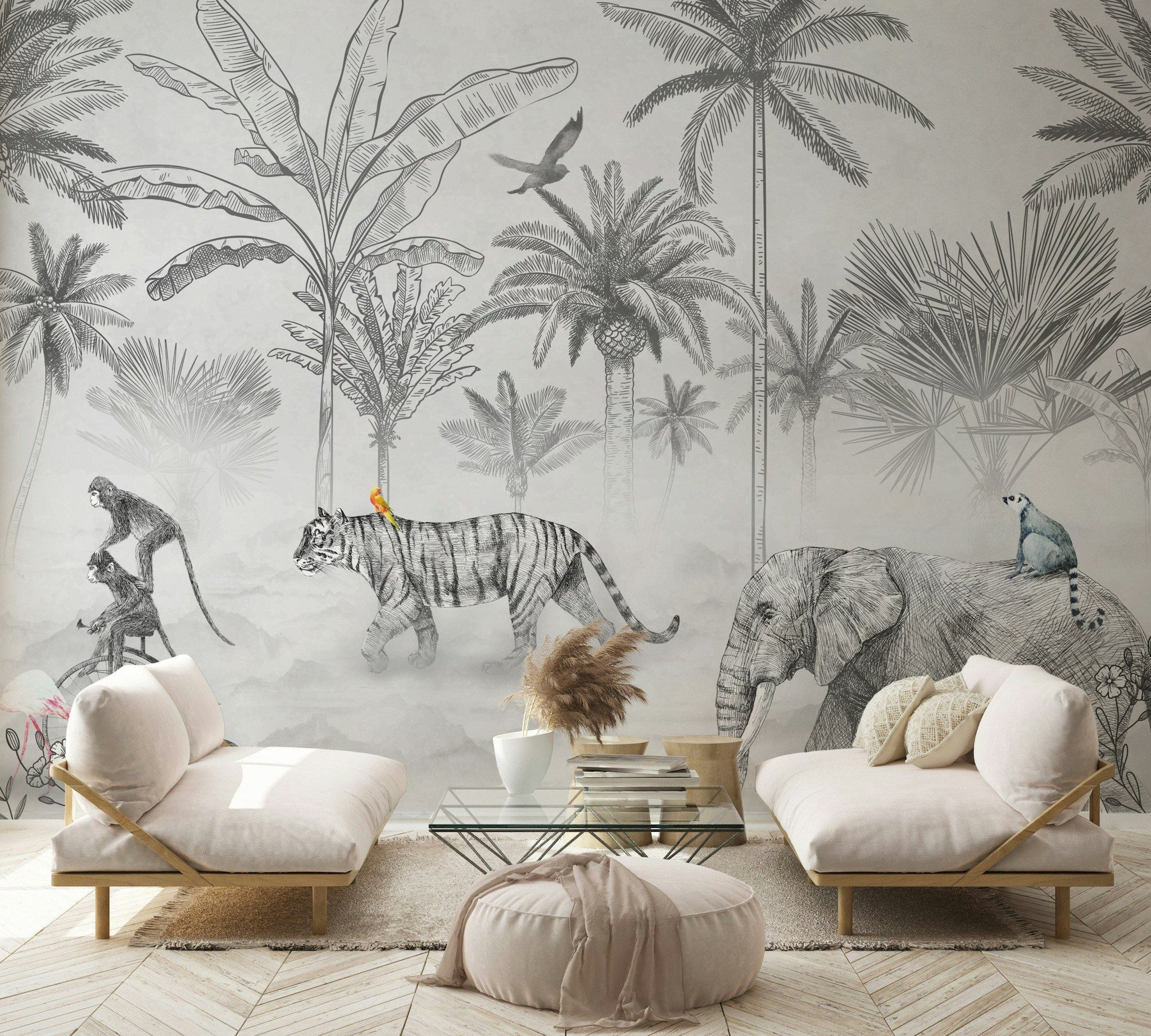 Exotic Jungle Animals Monochrome Wall Mural