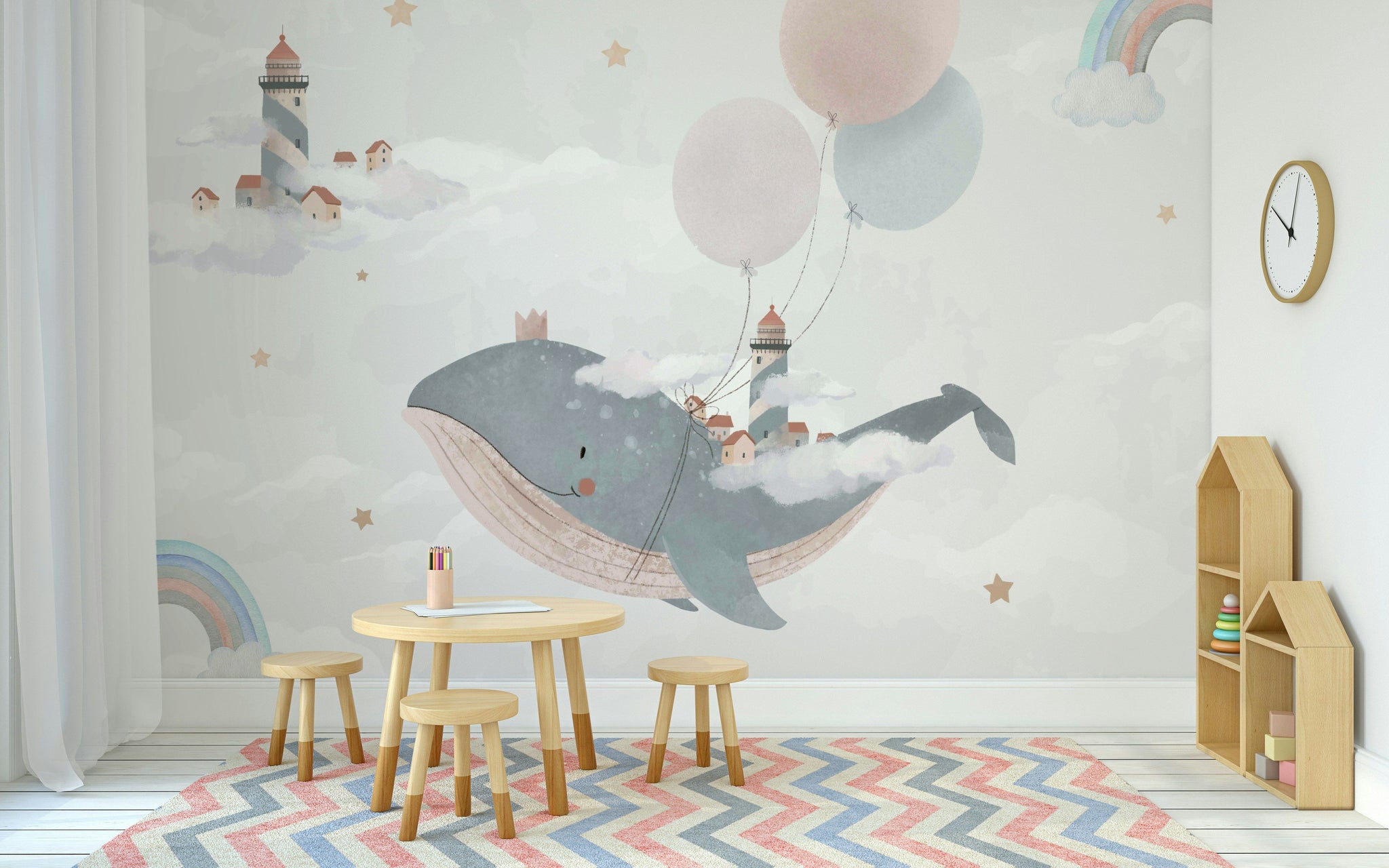 Whimsical Whale and Balloon Cloud Kids Mural