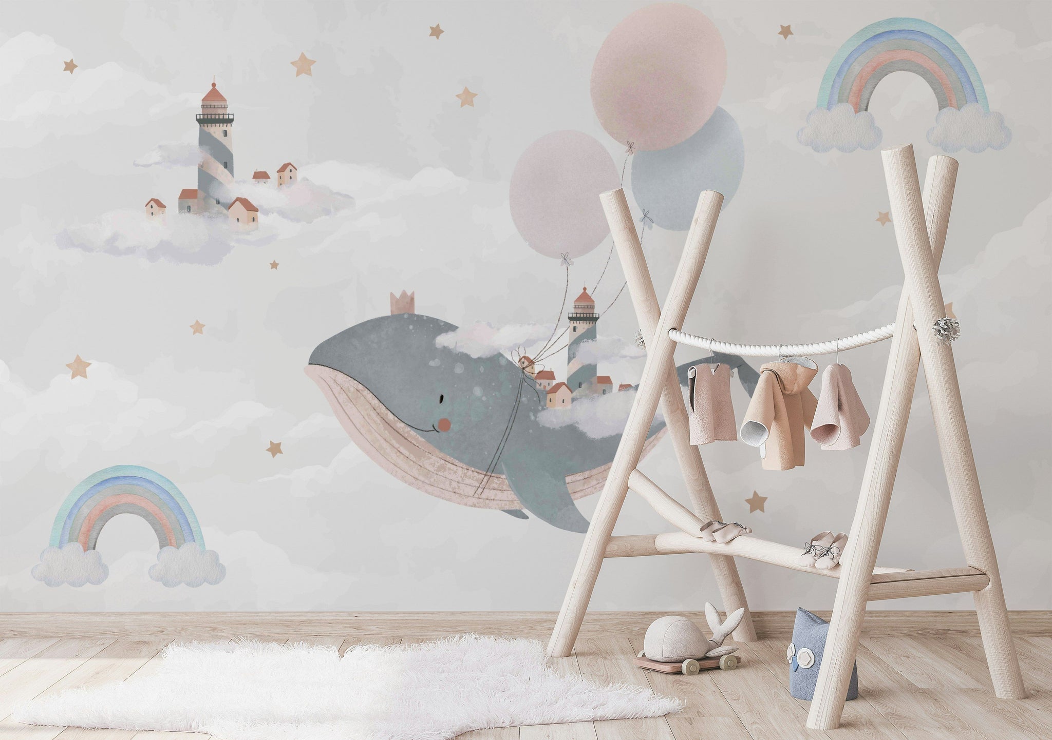 Whimsical Whale and Balloon Cloud Kids Mural