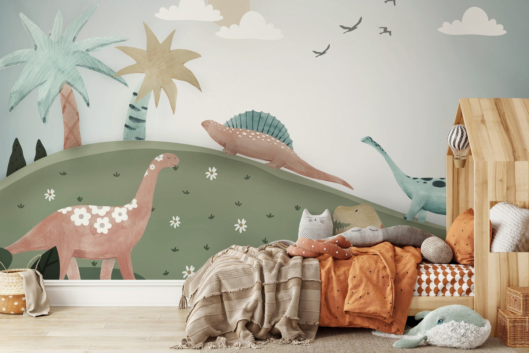 Whimsical Green Dinosaur Kids Wall Mural