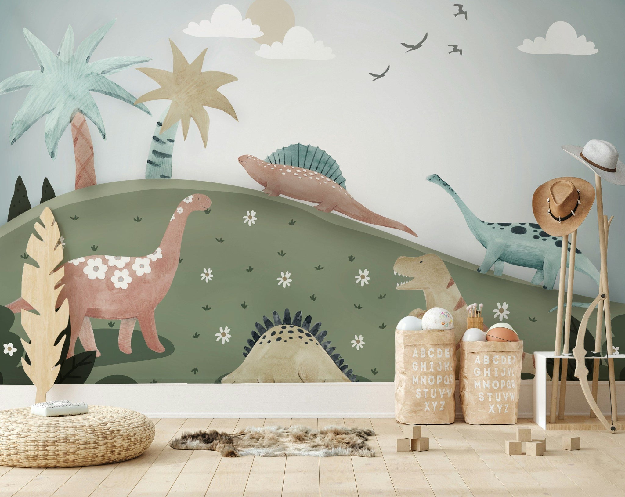 Whimsical Green Dinosaur Kids Wall Mural