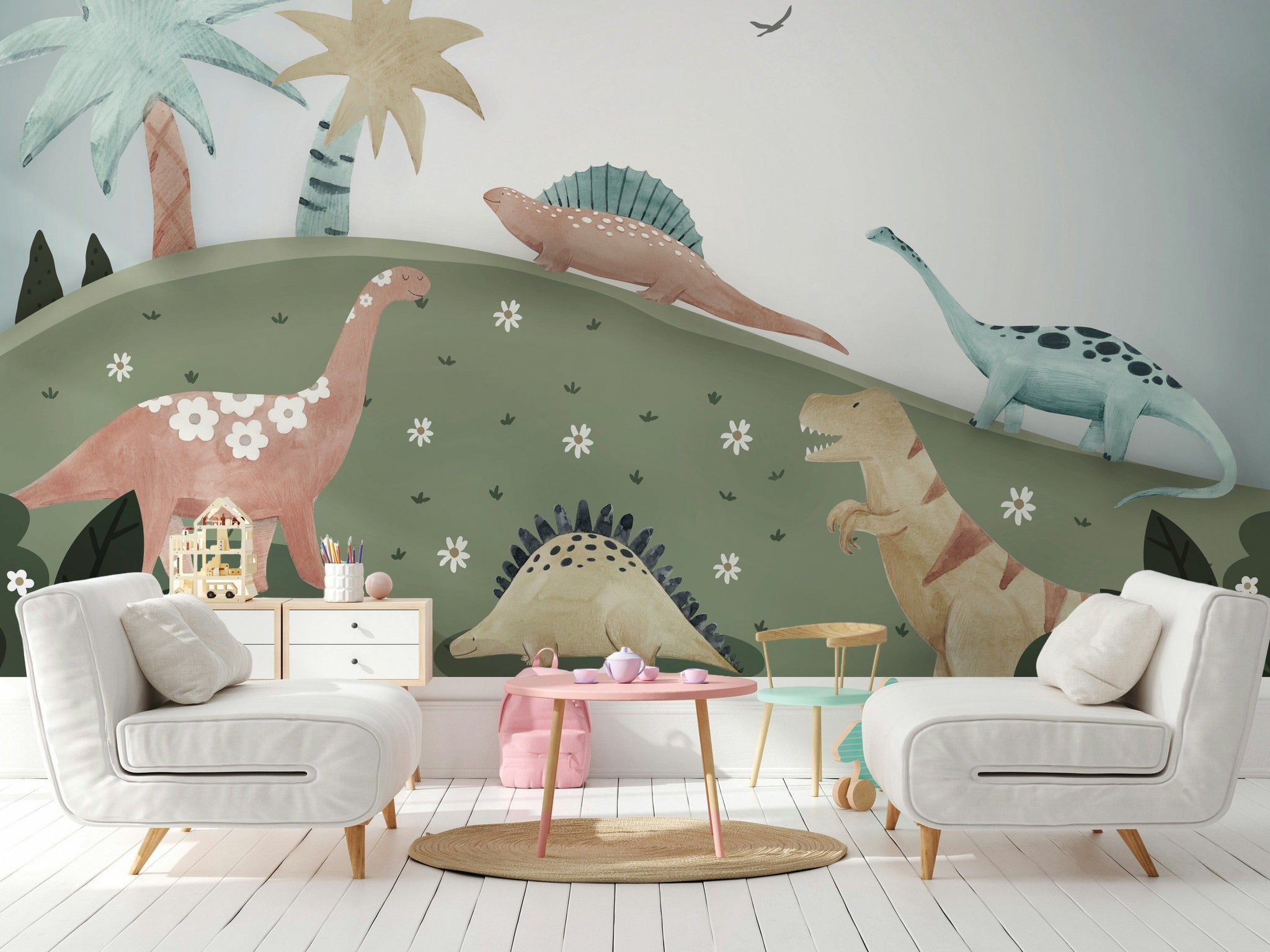 Whimsical Green Dinosaur Kids Wall Mural