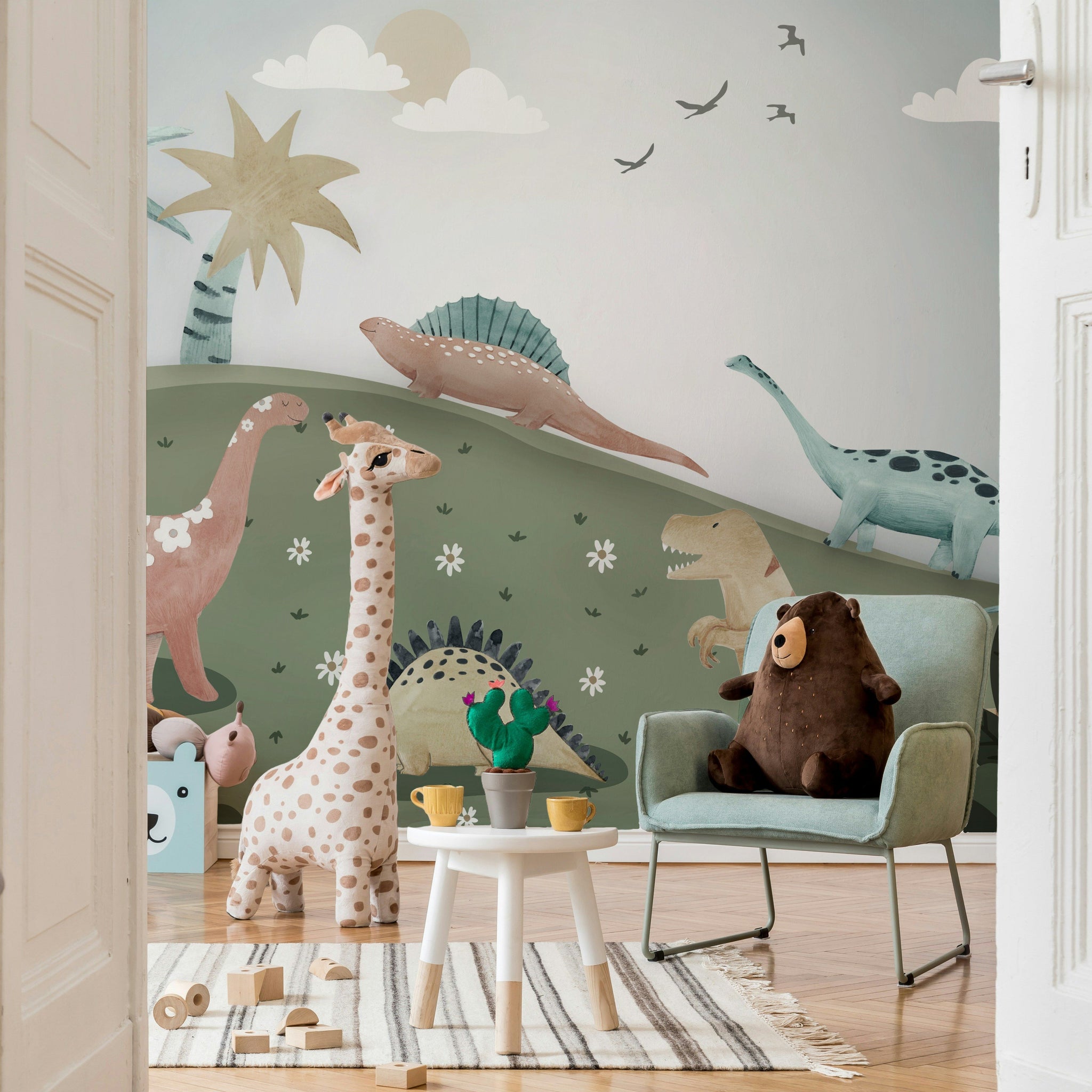 Whimsical Green Dinosaur Kids Wall Mural