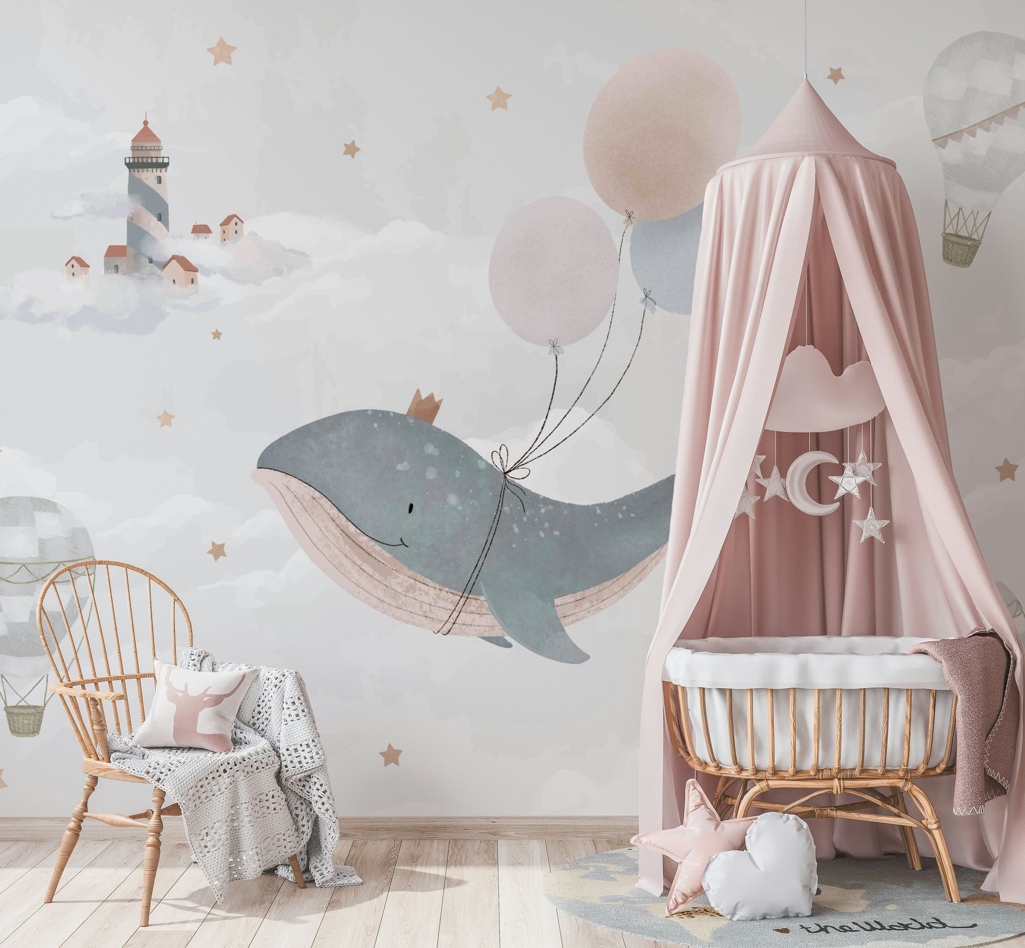 Whimsical Whale with Balloons Kids Wall Mural