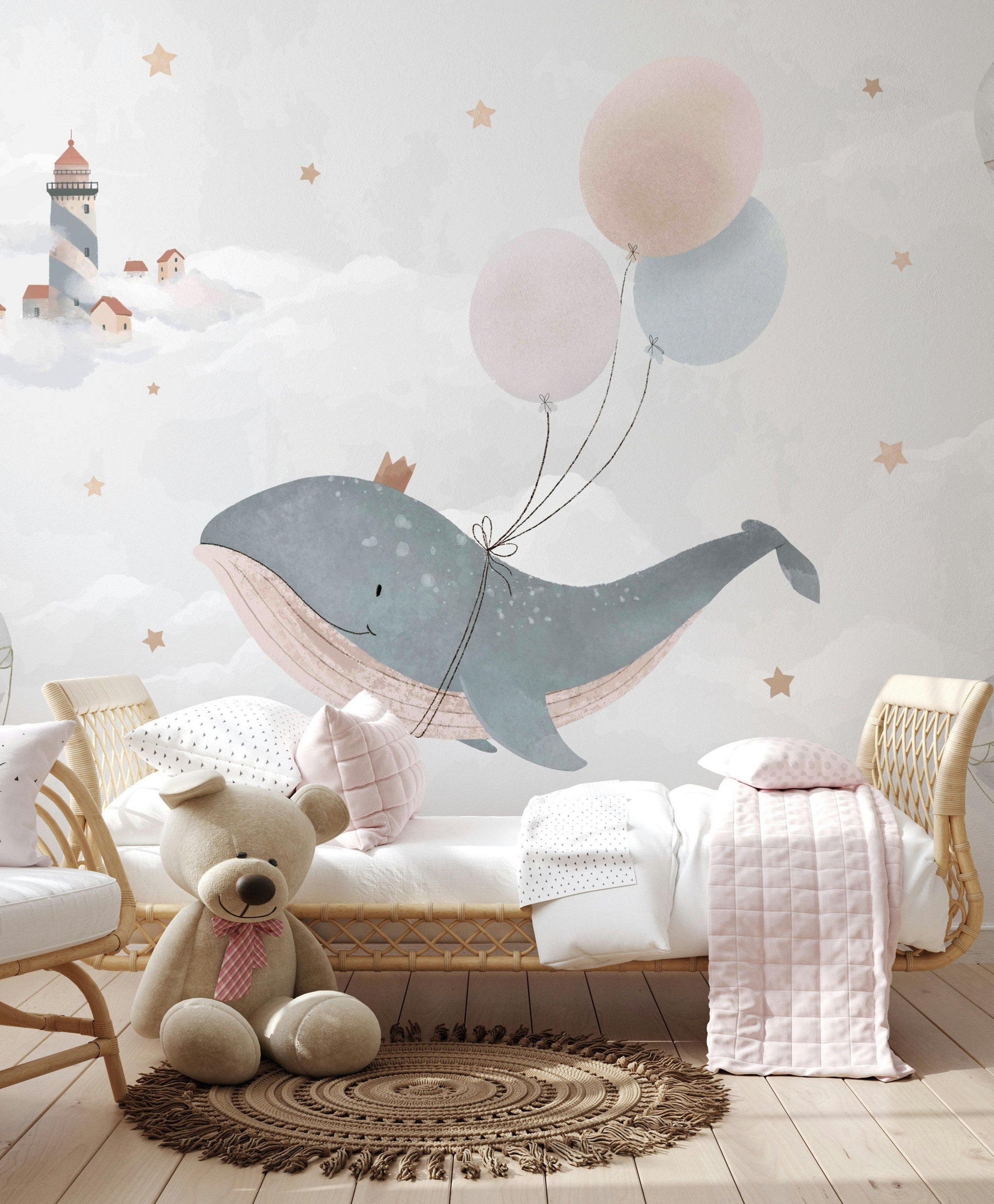 Whimsical Whale with Balloons Kids Wall Mural