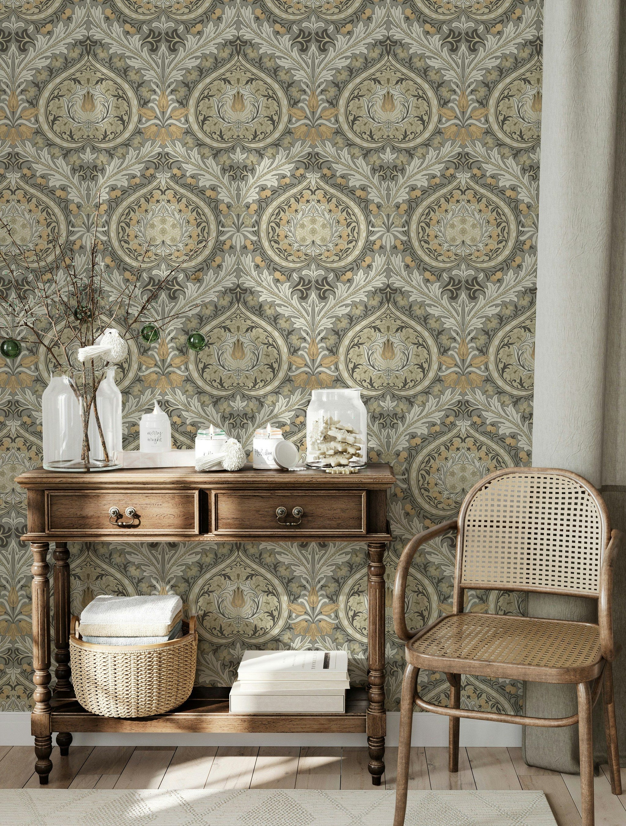 Ornate Damask Wallpaper Vintage Gray Botanical Wall Mural