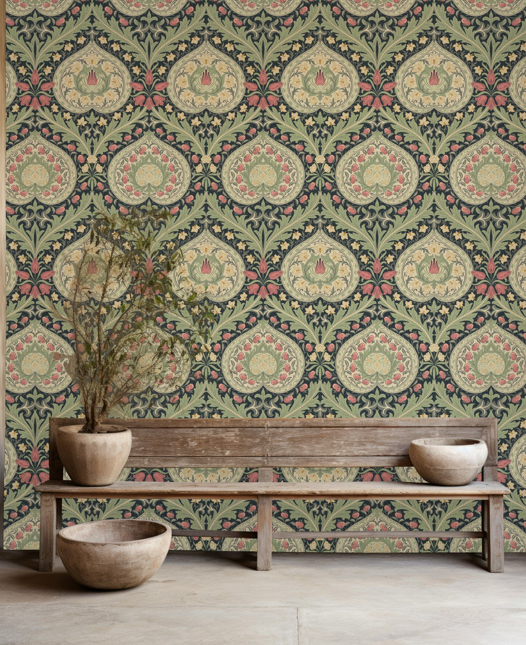 Vintage Floral Wallpaper Dark Green Damask Pattern Wall Mural