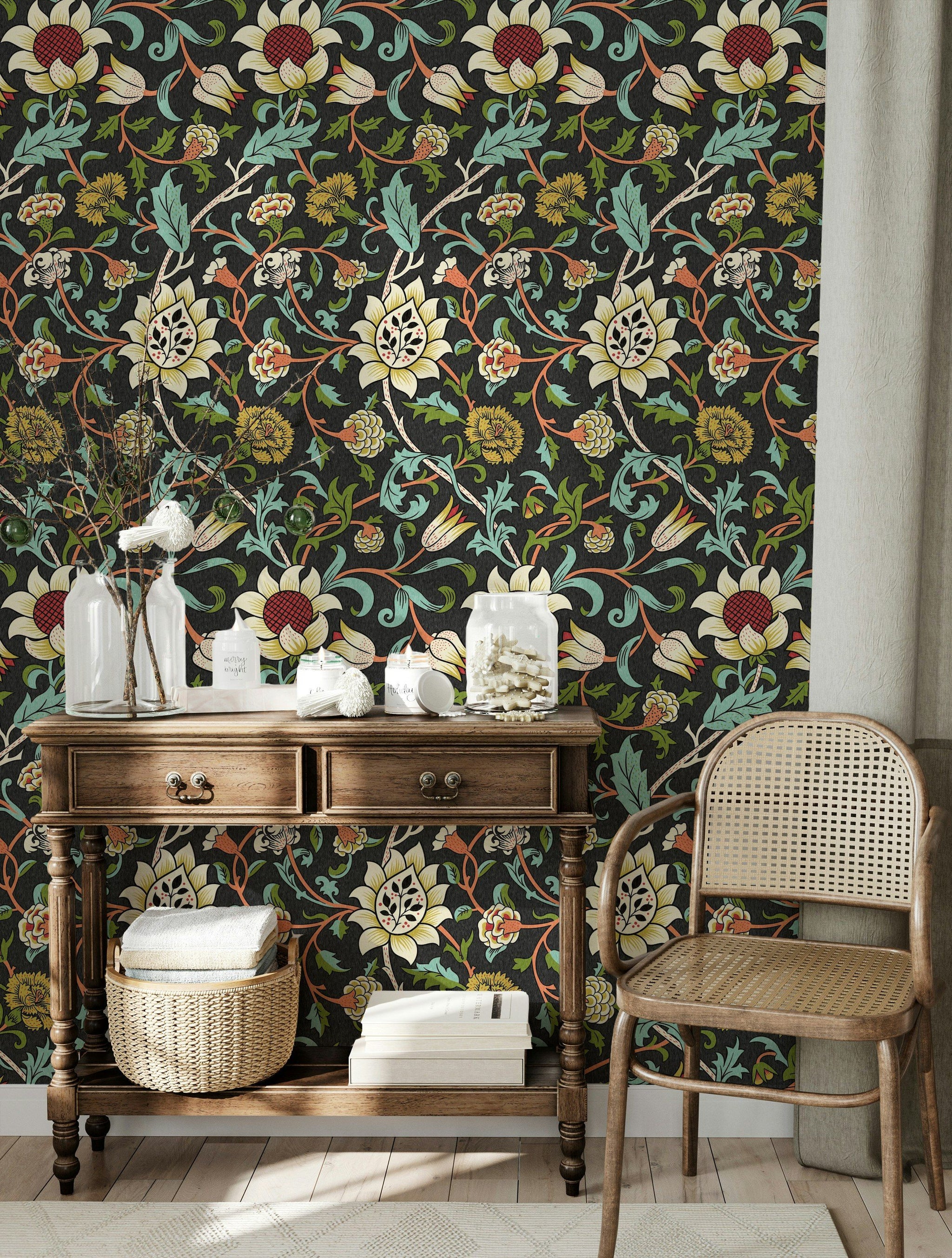 Vintage Floral Wallpaper Dark Botanical Vine Pattern Wall Mural