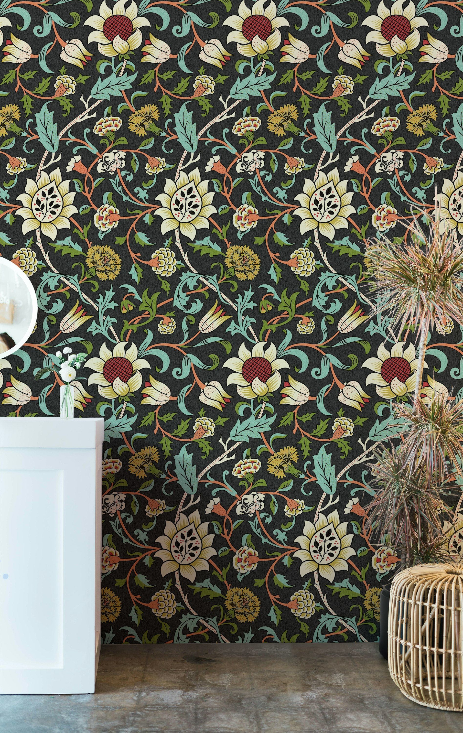 Vintage Floral Wallpaper Dark Botanical Vine Pattern Wall Mural