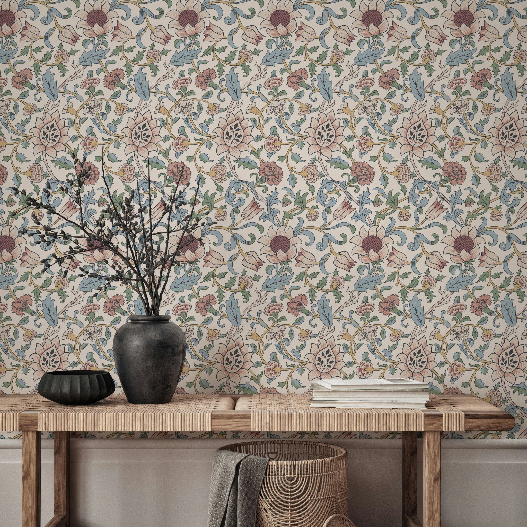 Vintage Floral Wallpaper Blue Leaves Pink Flowers Wall Mural