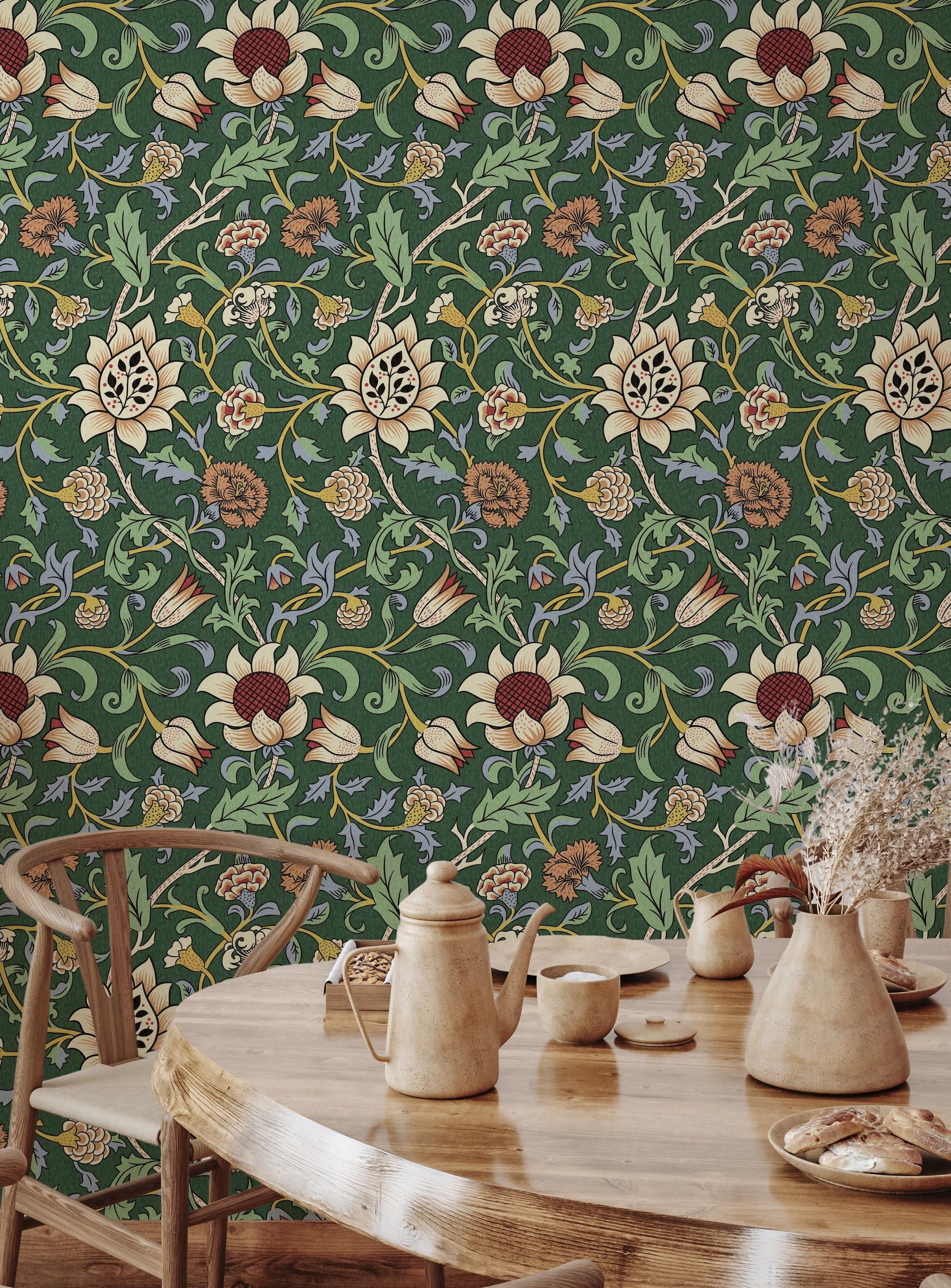 Vintage Floral Wallpaper Green Botanical Pattern Wall Mural