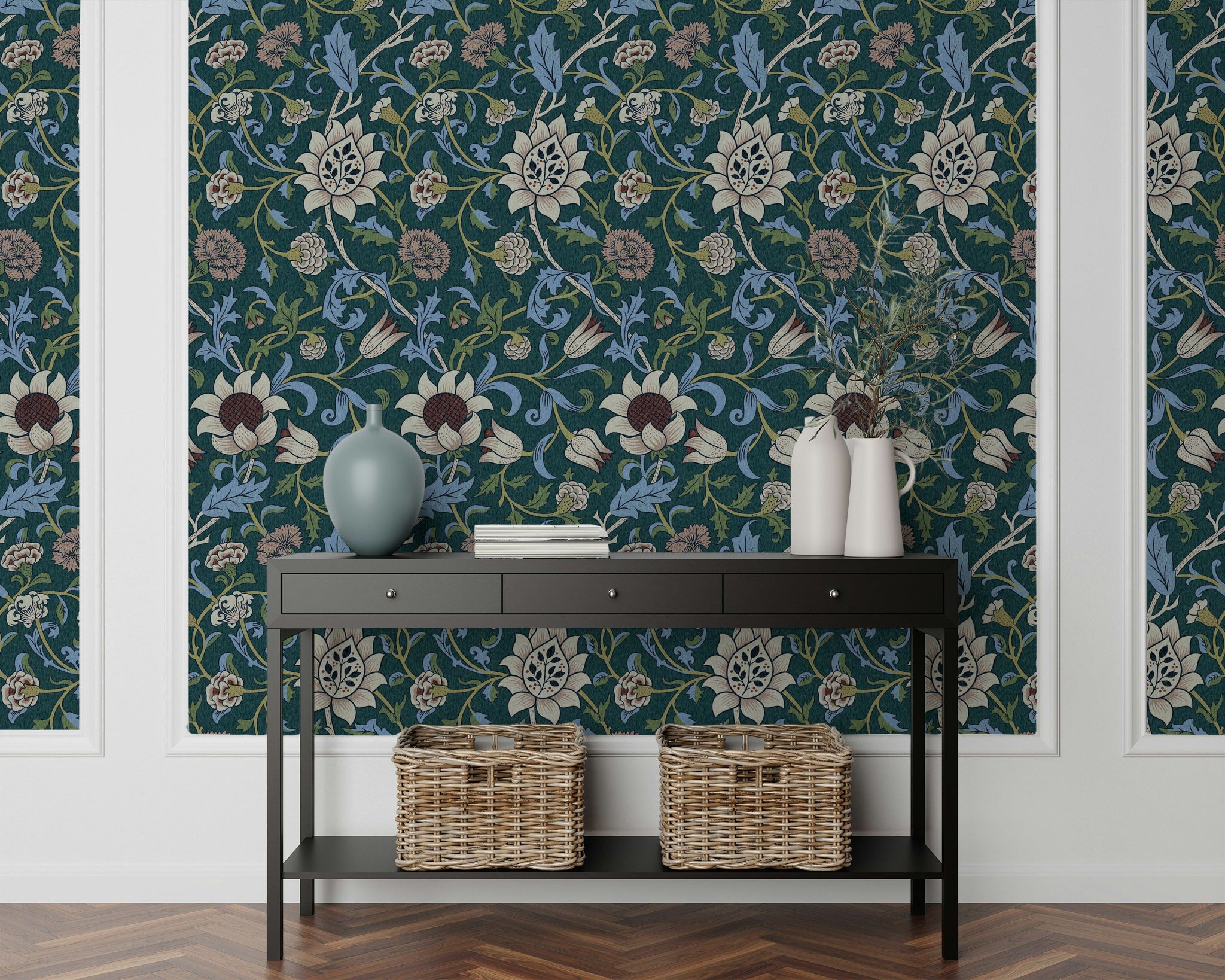 Vintage Floral Wallpaper Dark Teal Botanical Pattern Wall Mural