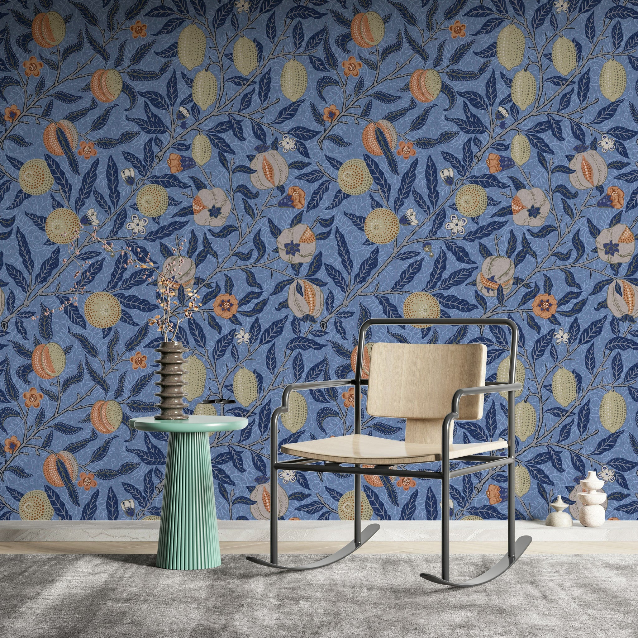 Vintage Floral Wallpaper Blue Orchard Fruit Branches Wall Mural