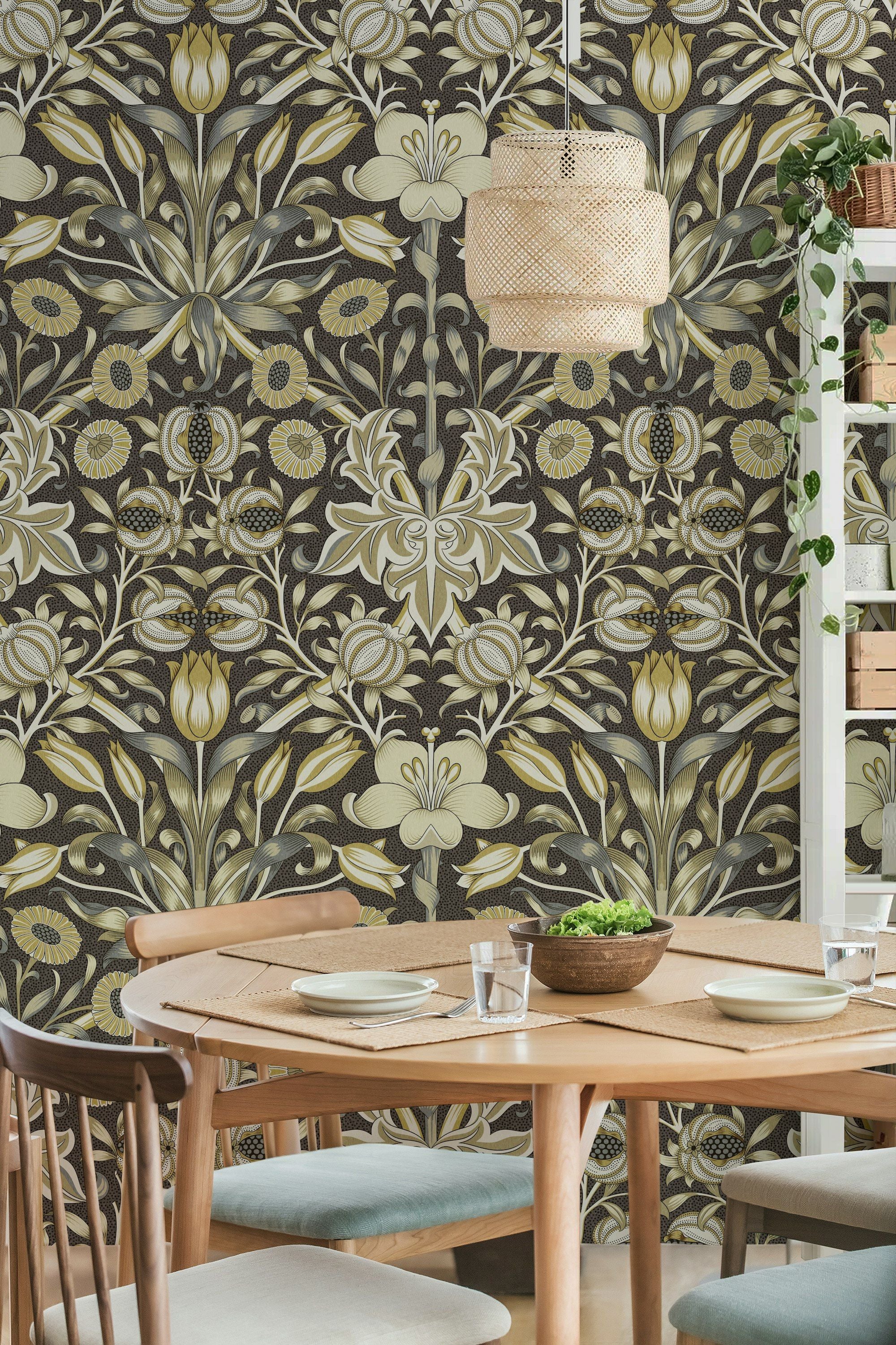 Vintage Floral Wallpaper Olive Botanical Pattern Wall Mural