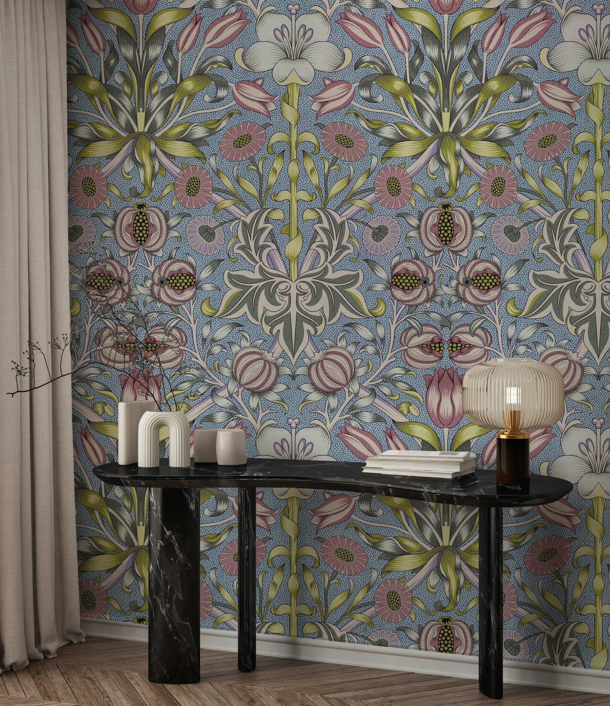 Vintage Floral Wallpaper Blue Tulip Pattern Wall Mural