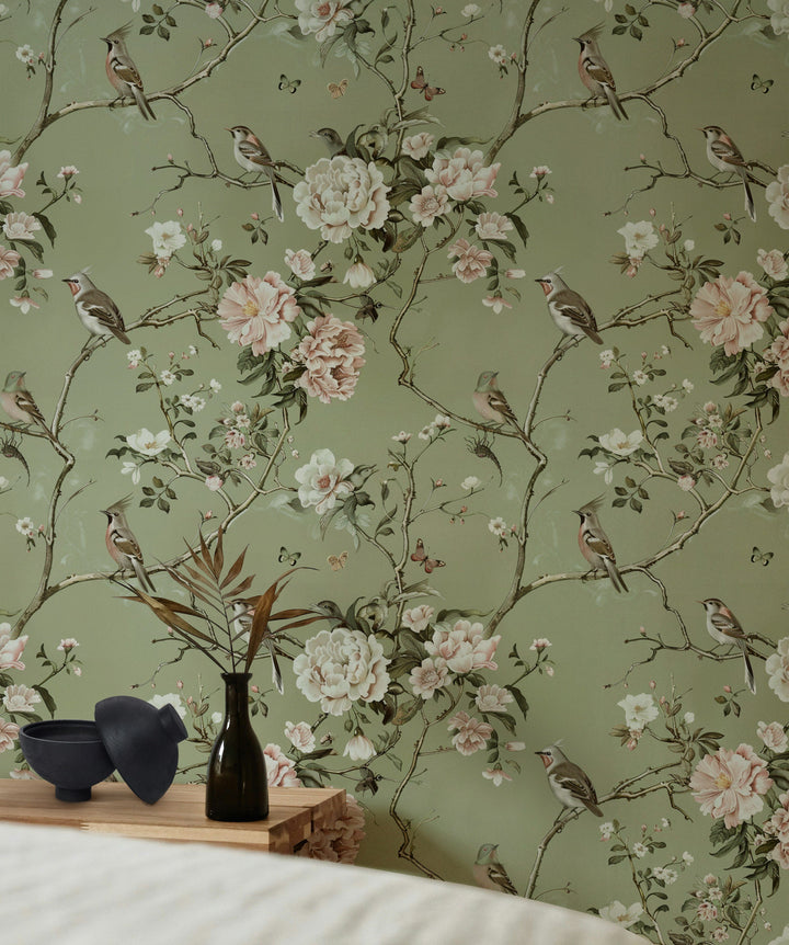 Soft Green Botanical Peonies and Birds Wallpaper