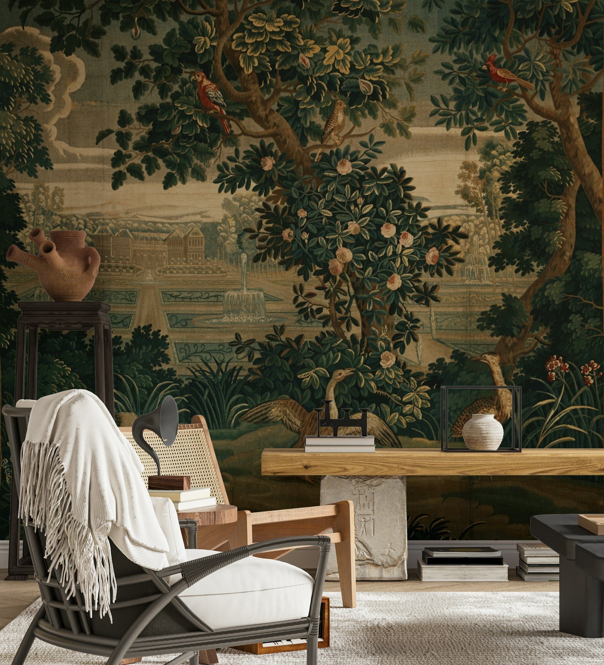 Vintage Green Botanical Tapestry Wall Mural