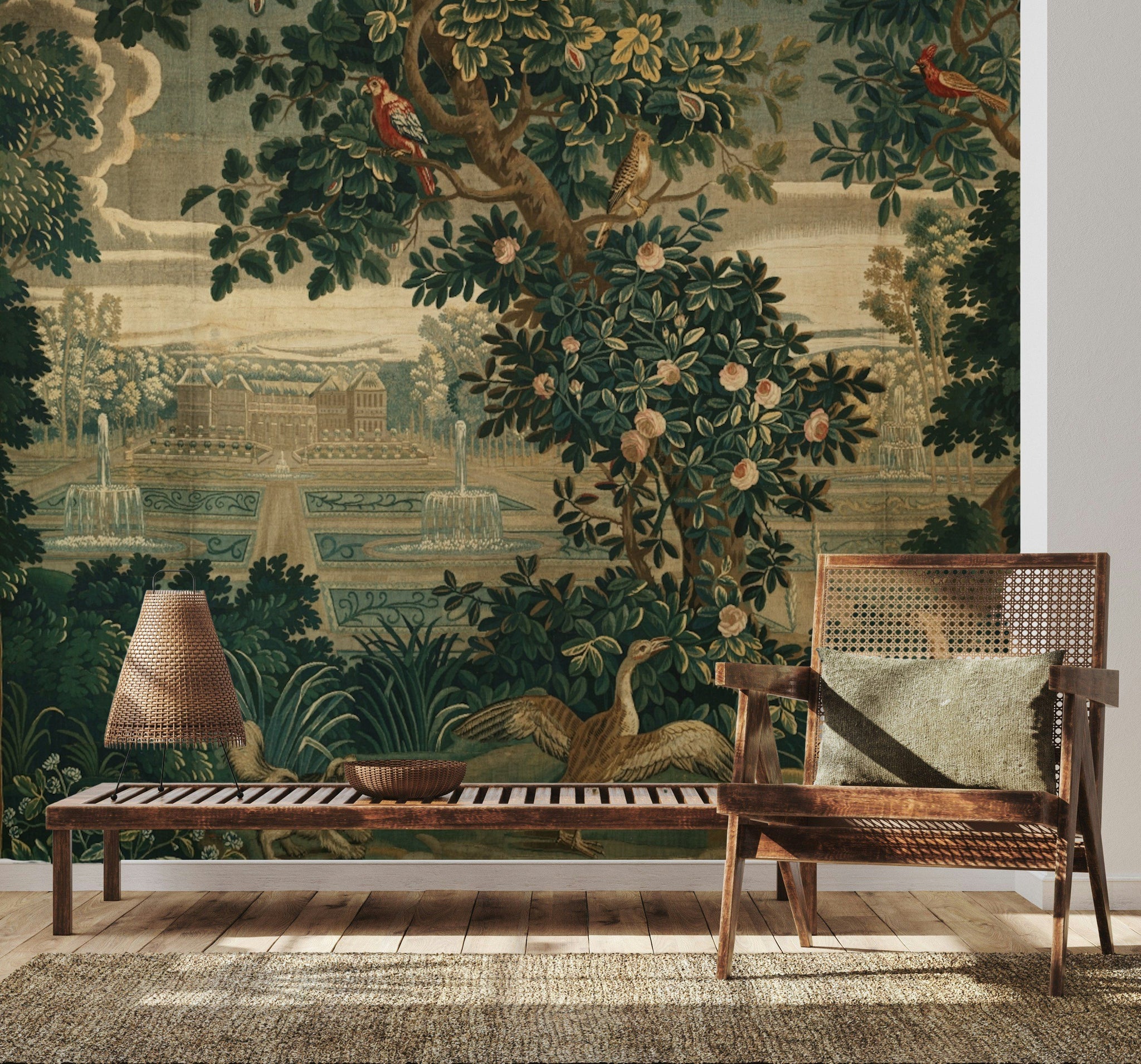 Vintage Green Botanical Tapestry Wall Mural