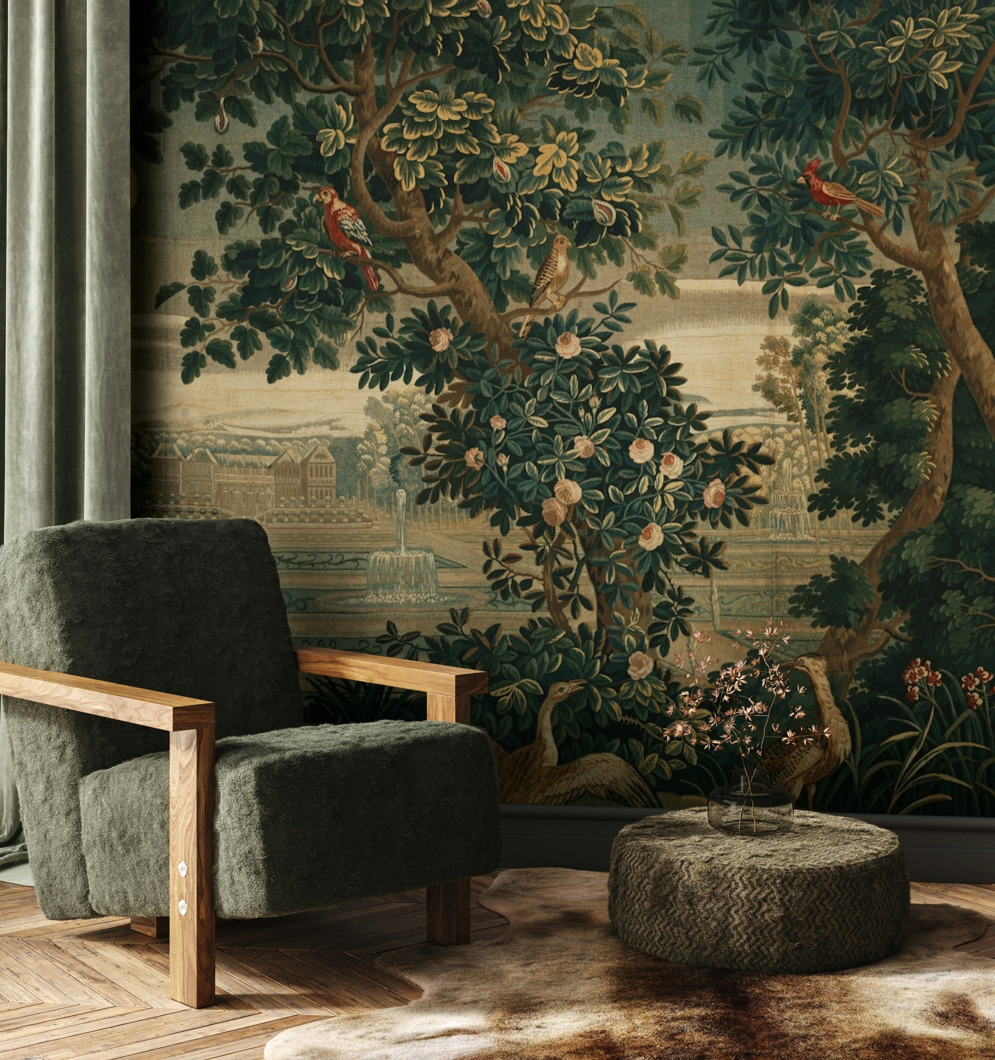 Vintage Green Botanical Tapestry Wall Mural