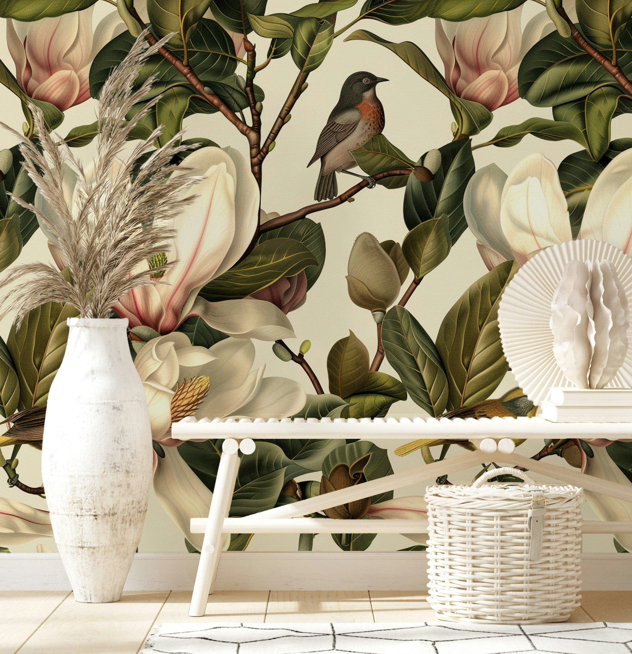 Cream Magnolia Blossom and Bird Wallpaper