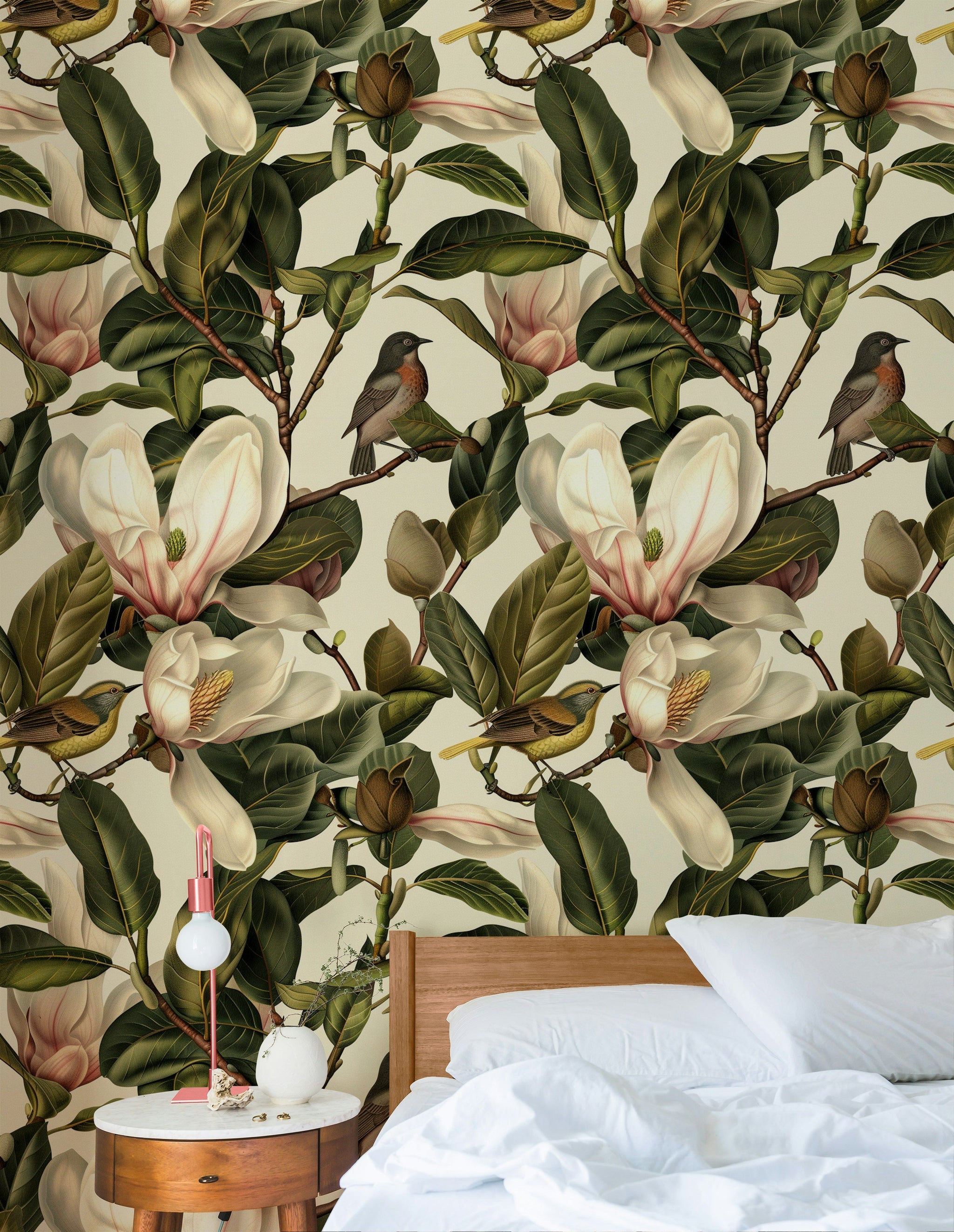 Cream Magnolia Blossom and Bird Wallpaper