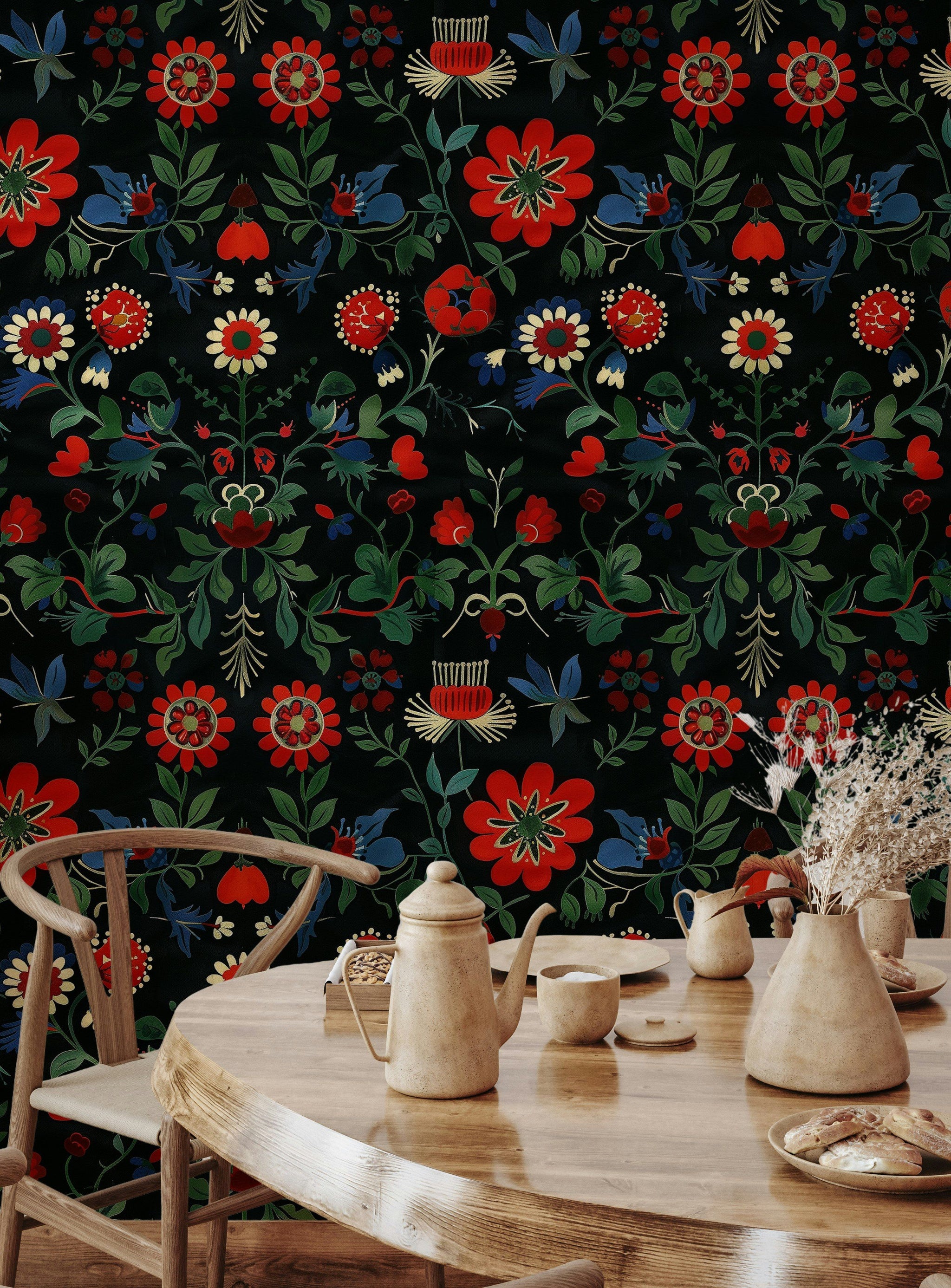 Vintage Red Floral Black Background Wallpaper