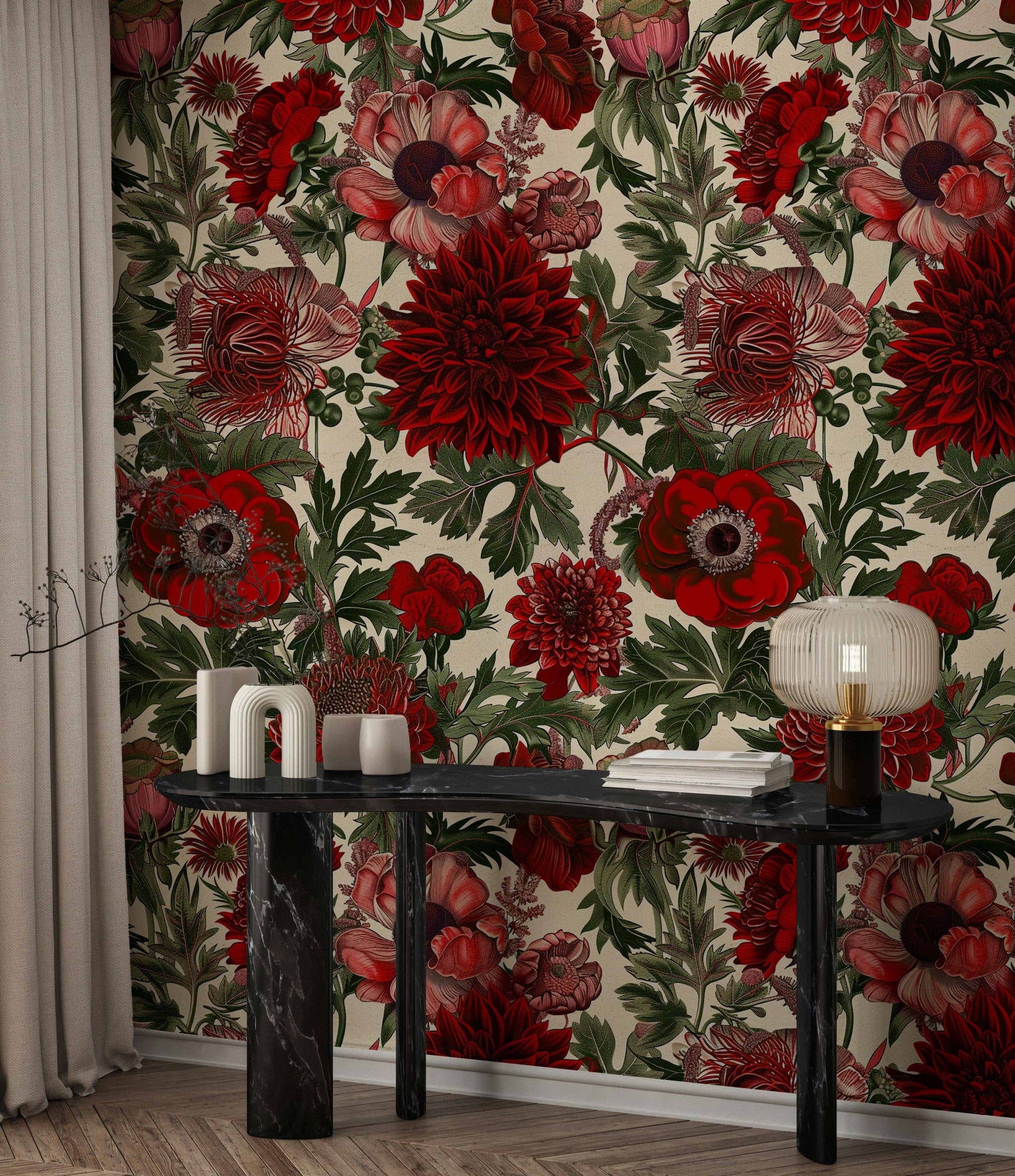 Rich Red and Beige Large Floral Wallpaper