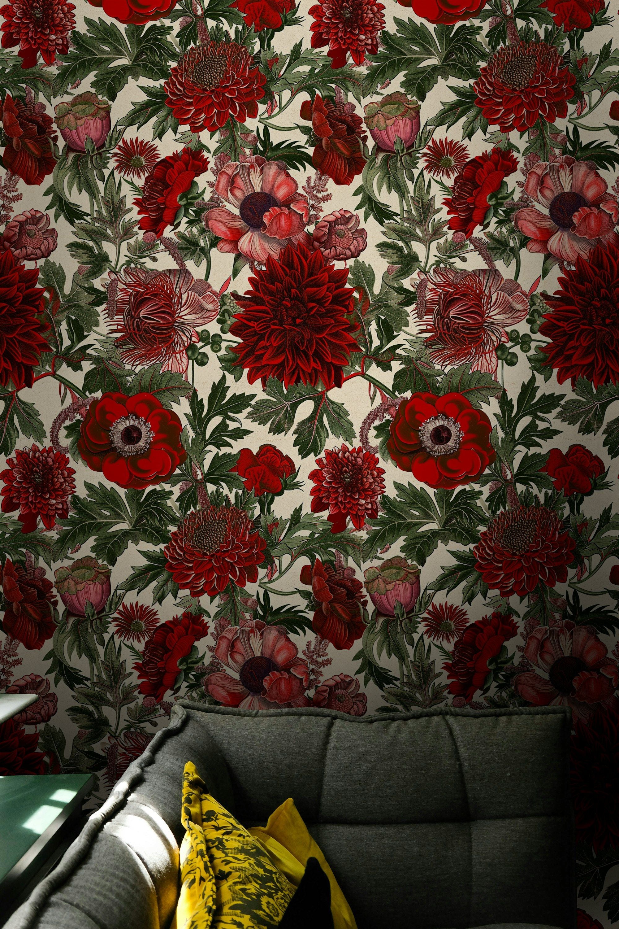 Rich Red and Beige Large Floral Wallpaper