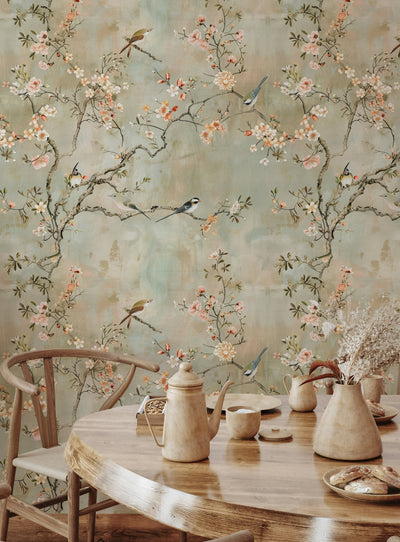 Soft Beige Cherry Blossom and Bird Wallpaper
