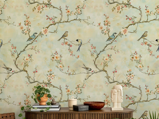 Cream Blossom Branches and Birds Wallpaper