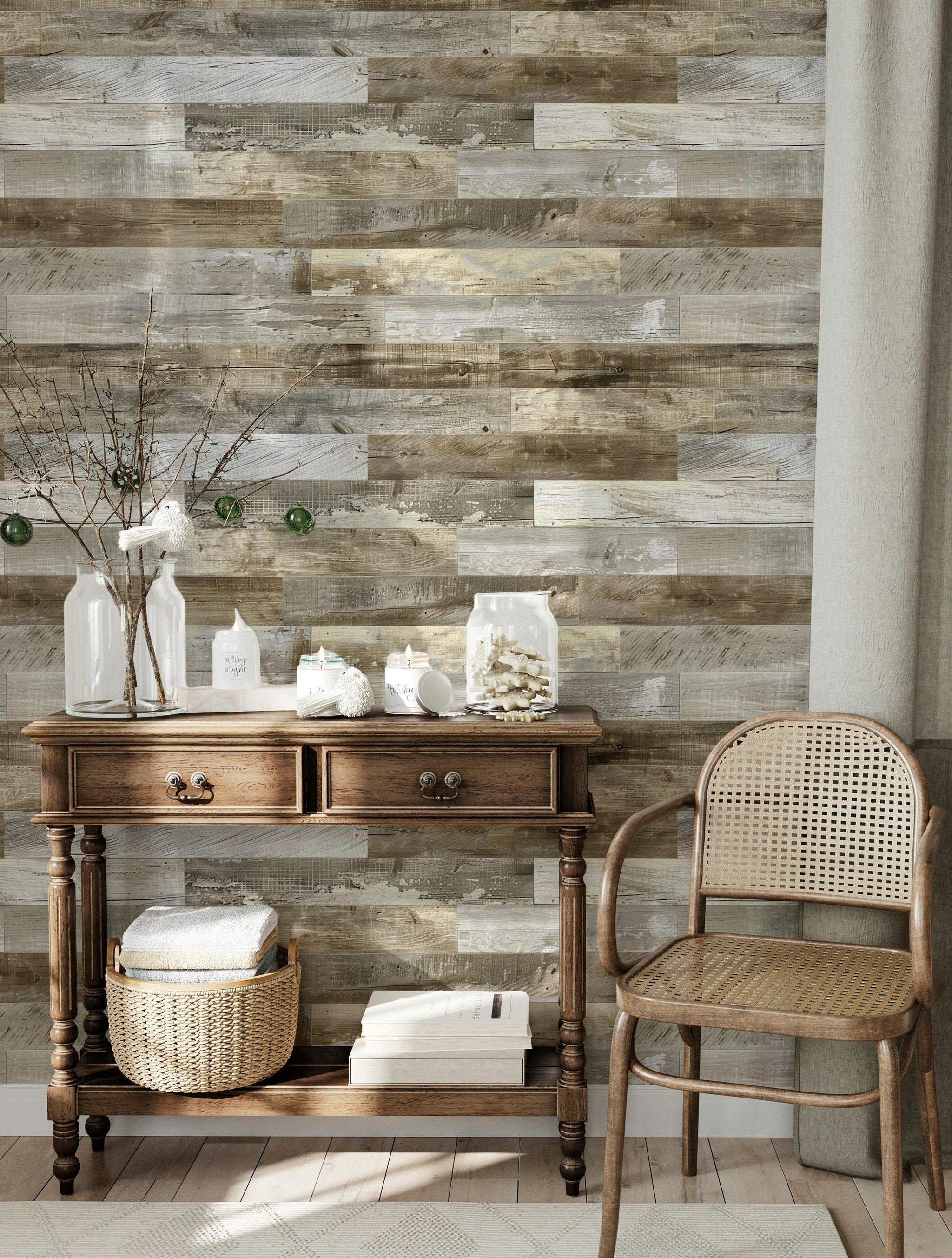 Weathered Oak Plank Rustic Wallpaper