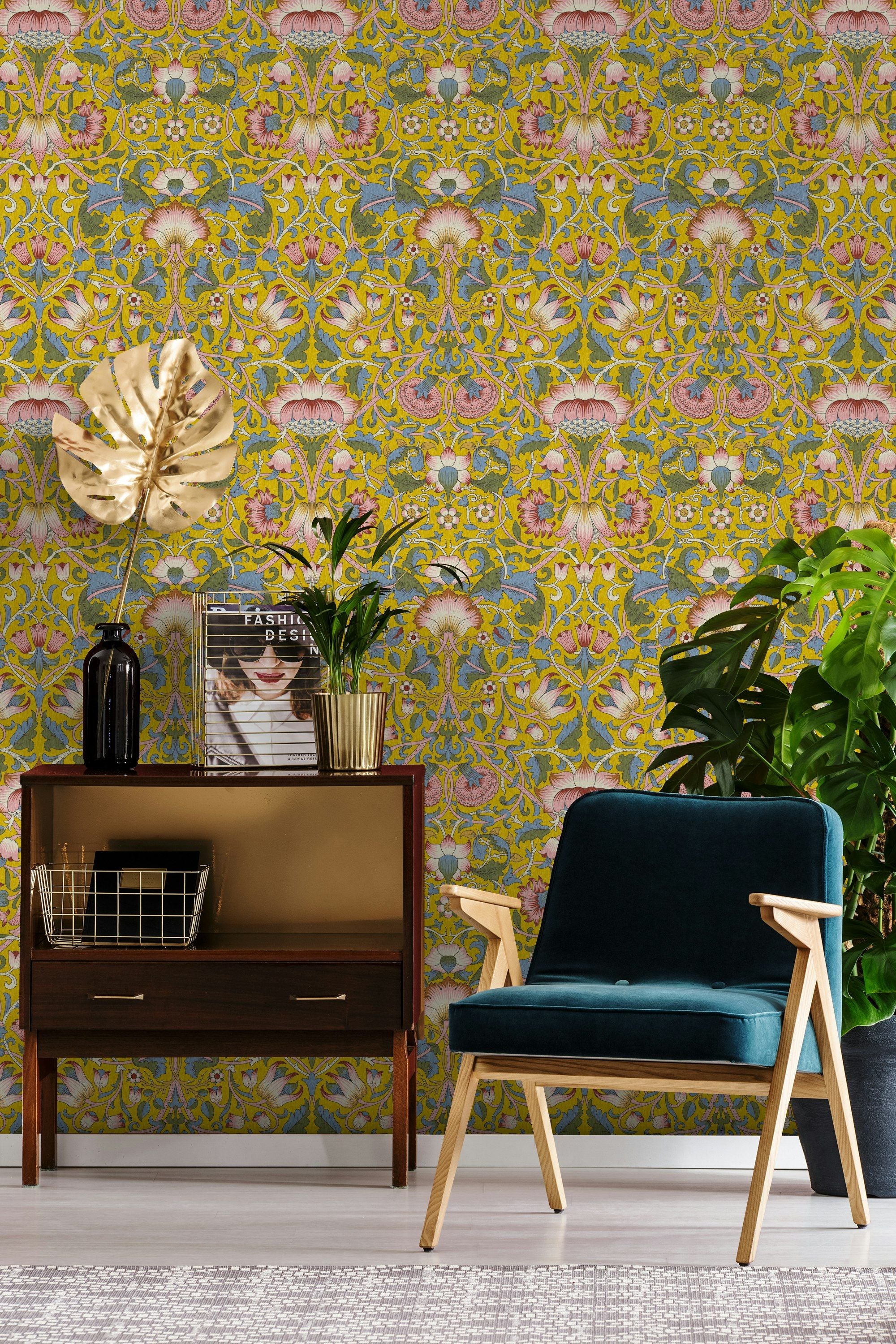 Art Nouveau Floral Wallpaper Mustard Botanical Pattern Wall Mural