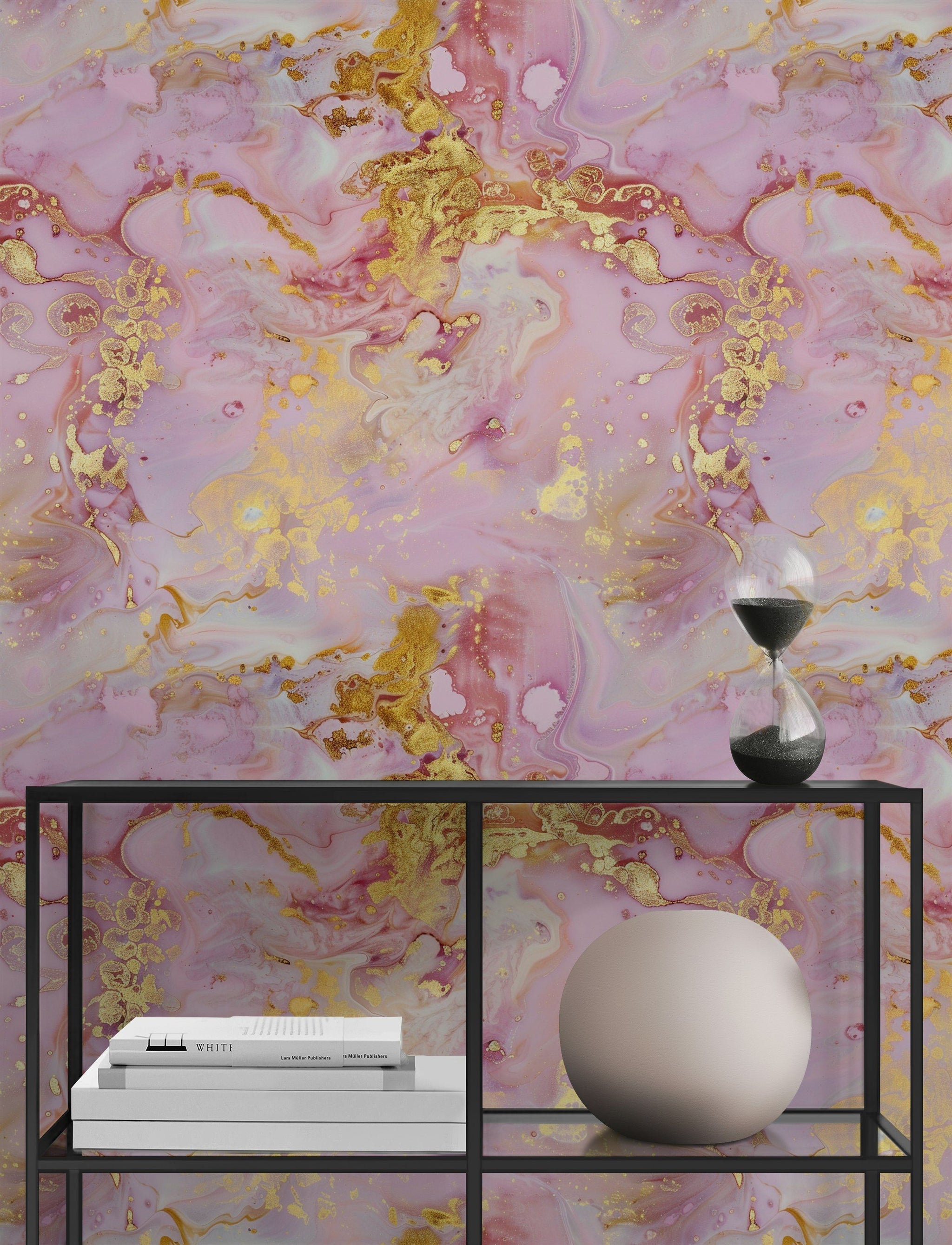 Pink and Gold Look Swirl Marble Effect Wallpaper